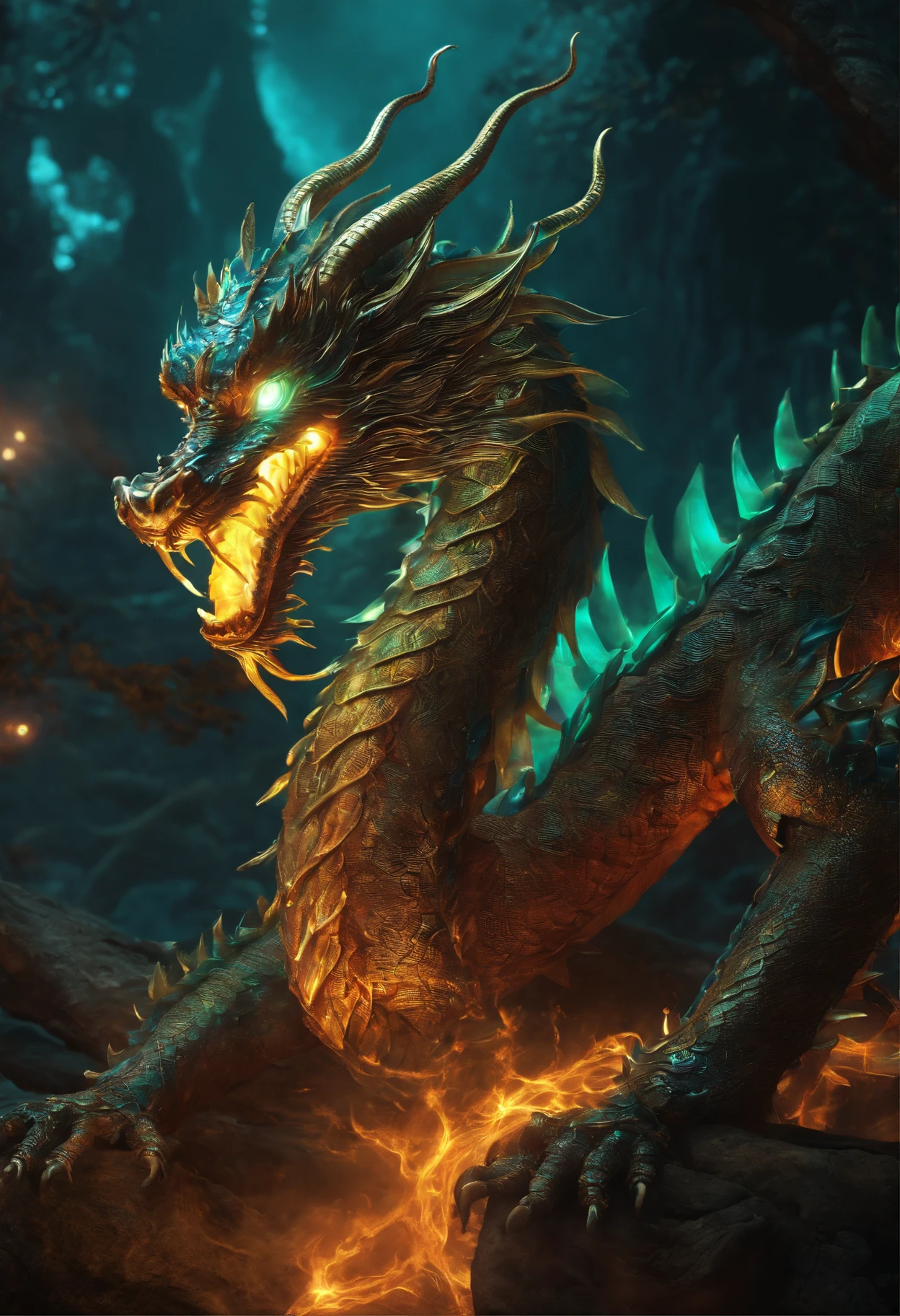 Chinese Dragon, glowing light eyes, biomechanical, eery, nightmarish, Very bright colors, light Particle, with light glowing, Musif, Wallpaper Art, UHD Wallpapers ,