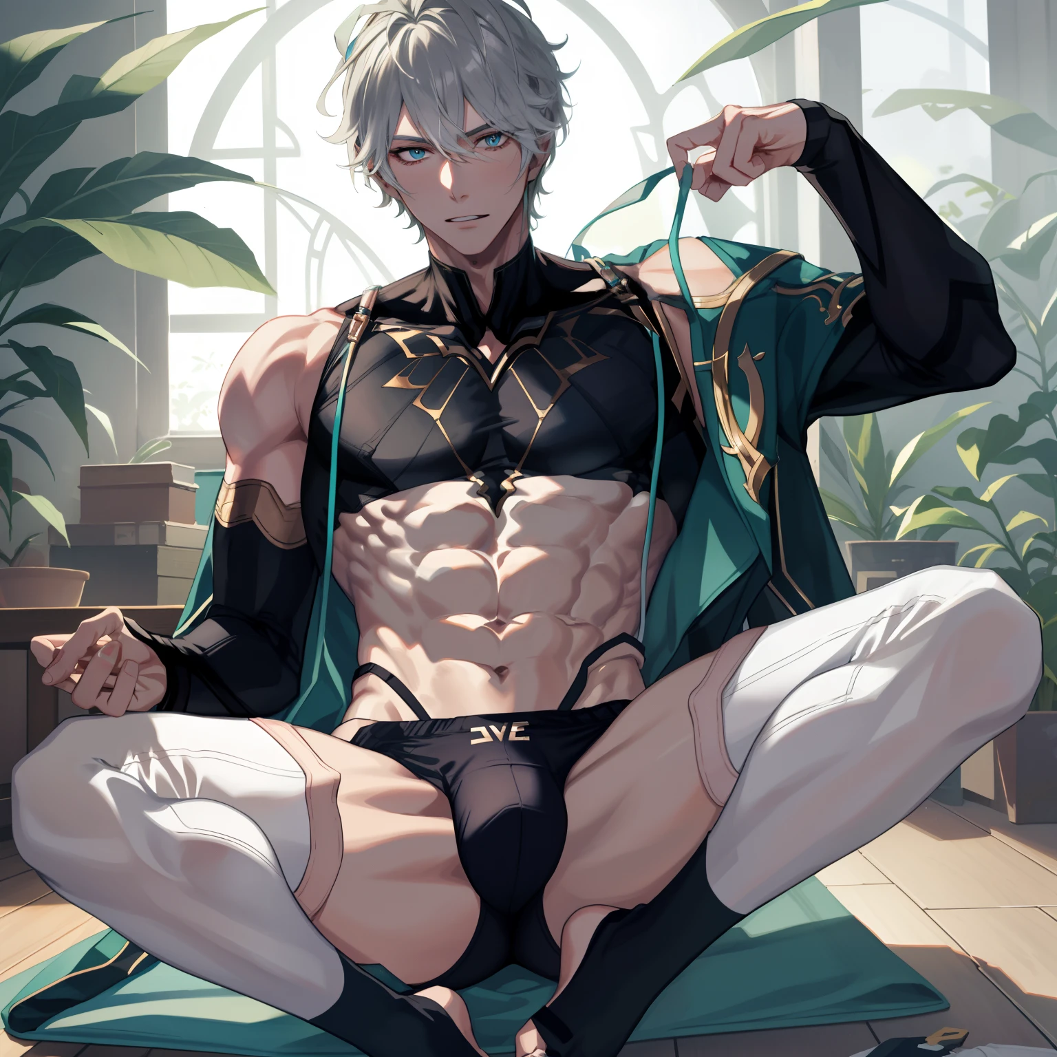 1 boy ,Libido boy,20yr old,Handsome,Raised sexy,k hd, tmasterpiece,8K,White thong,Nudity all over,Bare upper body,white short socks,massive bulge,Only thongs were worn,A sexy pose,Trembling,full-body view