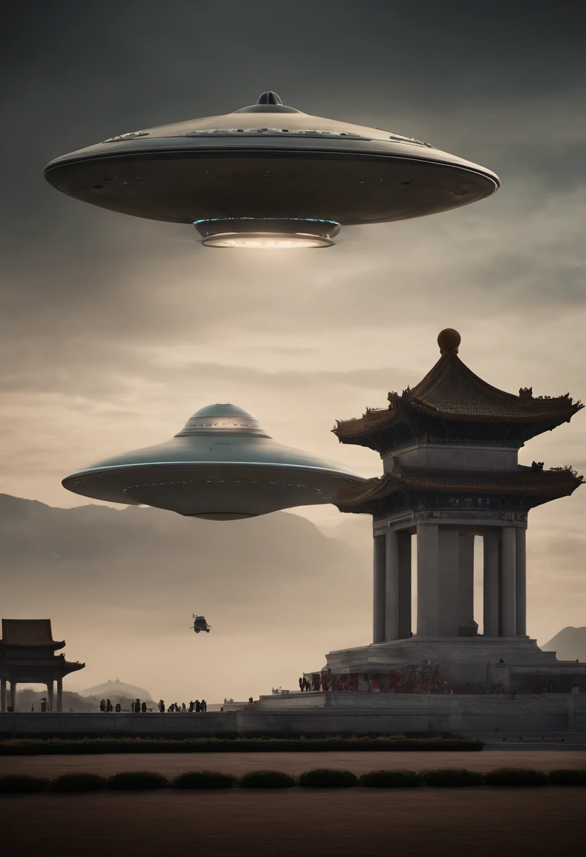 Tiananmen,Faraway view,There is UFO in the sky,Alien invasion,highly detailed surreal vfx,oc rendered