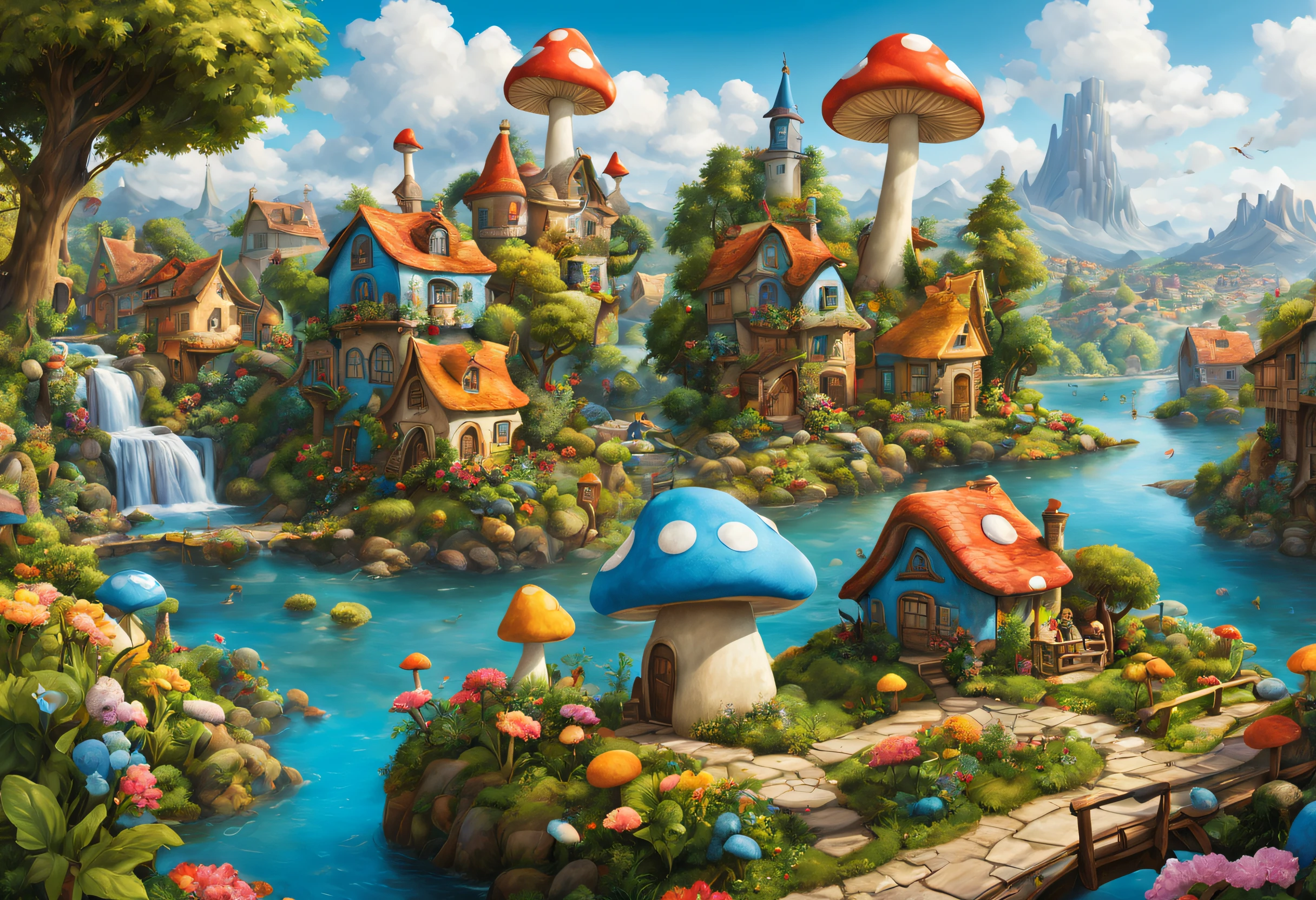 A smurf city, vividly depicted in the artwork (best quality, 4k, high resolution, masterpiece: 1.2), with ultra detailed features (realistic, photorealistic: 1.37). The city is made of vibrant colors and is bathed in warm sunlight, creating a cheerful and whimsical atmosphere. The houses are designed with extreme attention to detail, with intricate designs and unique architecture, resembling mushroom-shaped houses. The city is surrounded by lush greenery and colorful flowers, enhancing the enchanting and magical environment. The artwork exhibits an illustrative style, inspired by children's book illustrations, ensuring a charming and nostalgic touch. The color palette is made up of vibrant blues, greens and yellows, evoking a feeling of joy and playfulness. The lighting accentuates the picturesque scenes, casting soft, warm shadows that add depth and warmth to the artwork. Every detail is impeccably rendered, creating a visually stunning masterpiece that captures the essence of Smurf Town.