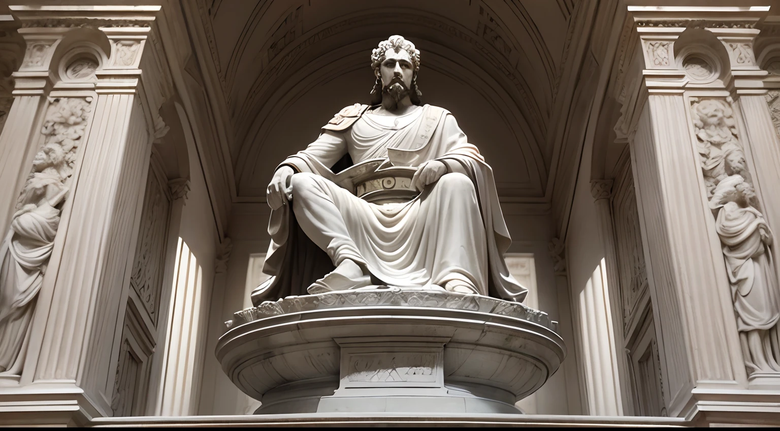 Statue of Marcus Aurelius, Estoicismo, filosofia antiga, marble carving, Noble and wise expression, Imperador Romano, escultura detalhada, Obra-prima atemporal, atmosfera serena e contemplativa, Ancient Roman civilization, Virtudes estoicas, inner strength, Autodisciplina, resilience, philosophical wisdom, Ensinamentos estoicos, ambiente tranquilo do jardim, Tranquil setting, luz solar projetando sombras suaves, Tons dourados, classical beauty, artesanato refinado, Stoic philosopher, olhar profundo, comportamento digno, Symbolic representation of Stoicism, sabedoria duradoura, ideais atemporais de autocontrole e paz interior, Preto e branco