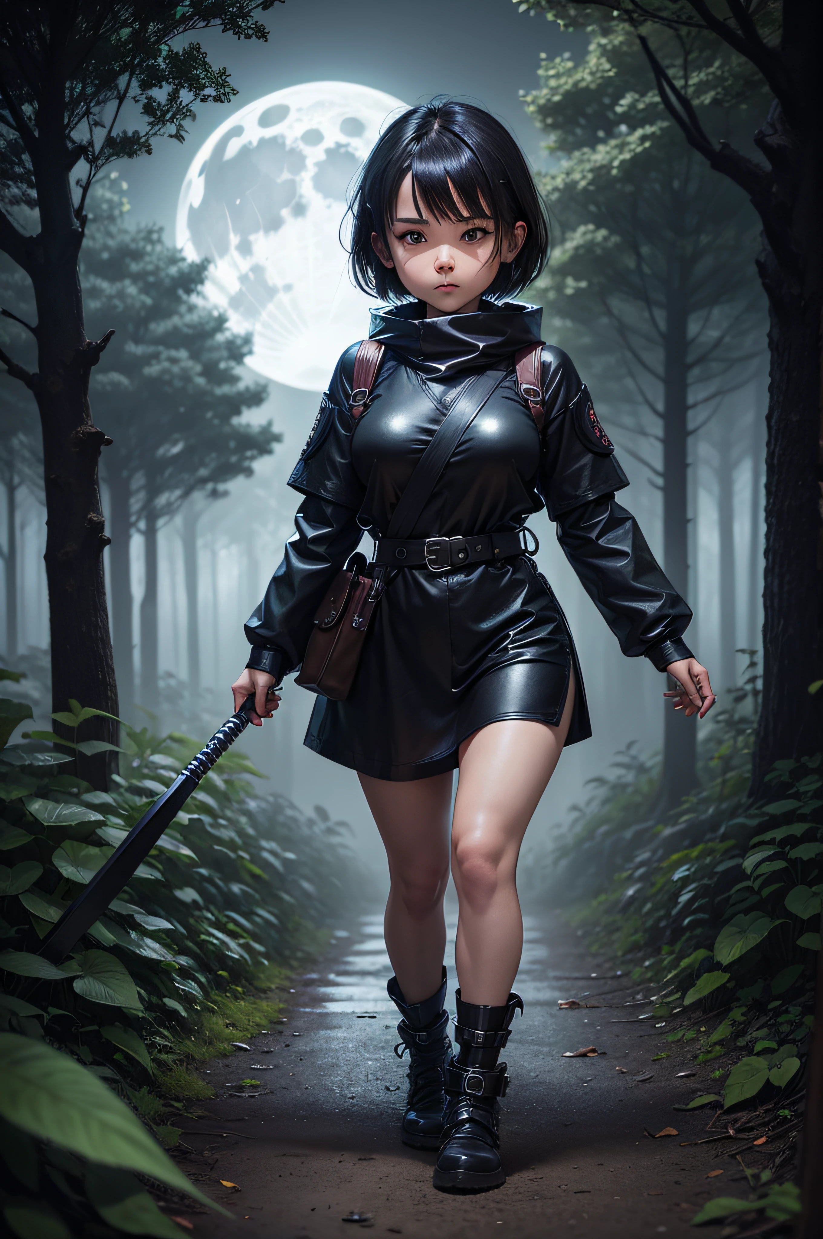 realistic, portrait of a mini chibi girl, wearing a black ninja outfit, medium-sized boobs, holding a black and silver shuriken in each hand, short brown hair, hazel eyes, full body view, smart, kind, energetic, creative, walking stealthily through an overgrown ethereal forest at night, view from the ground up, moon showing, dark and evil atmosphere