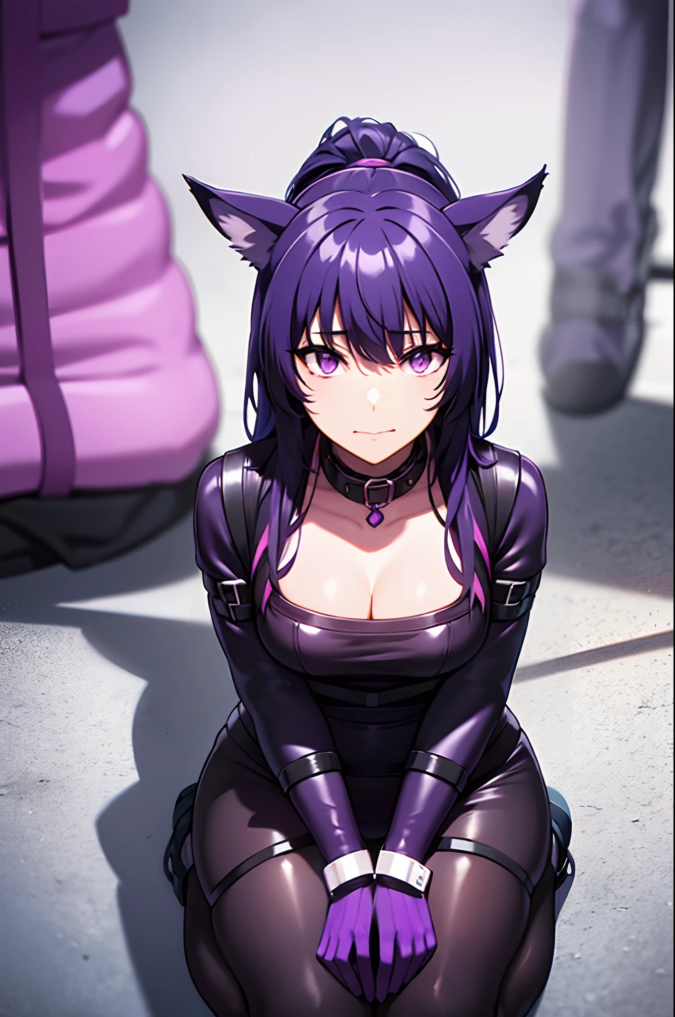 Erotic long pigtails　 Volumie、Big Breasts,Purple Catsuit,Female Spy、Black background、Dimly lit bedroom , evil、 Erotic Sneer、Open your mouth slightly