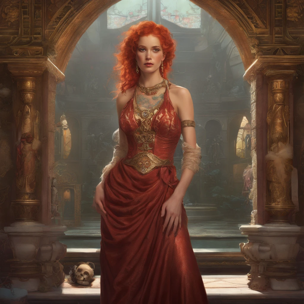 Painting of a red-haired woman with makeup from the Day of the Dead and a golden dress, Mucha Klimt et Tom Bagshaw, Craig Mullins Alphonse Mucha, Alphonse Mucha et Craig Mullins, Beeple et Alphonse Mucha, Tom Bagshaw Donato Giancola, Krenzcushart, inspired by James C. Christensen, Beaucoup. art nouveau. Gloomhaven