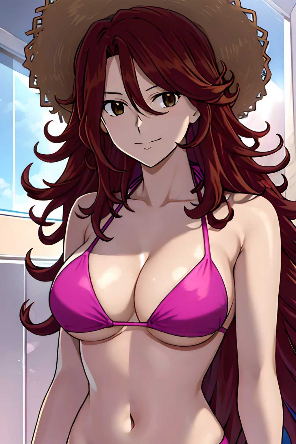 cowboy shot, detailed face, upper body view, detailed body, 4k, Sumergai Lee Noriega, best quality, anime style, hires, highest definition, digital blending, bold drawing lines, ((), (slender body), mature woman, (bikini), victorious, gorgeous, smile, (closed mouth), (pale skin, shiny skin, lighting and shadow), (cleavage), (clean face), (warming up), closed fists, (curly hair, long hair), 27 years old,