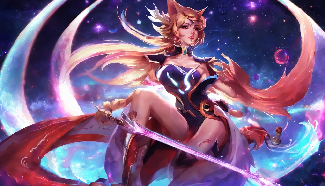 Ahri de League of Legends, foto do corpo todo, perfect hands, cabelos pretos e longos, nine fox tails on the tailbone, orelhas de raposa pretas, roupa de samurai vermelha, papel de parede, fundo em Iona, rosto sexy oriental, cabelos pretos escuros