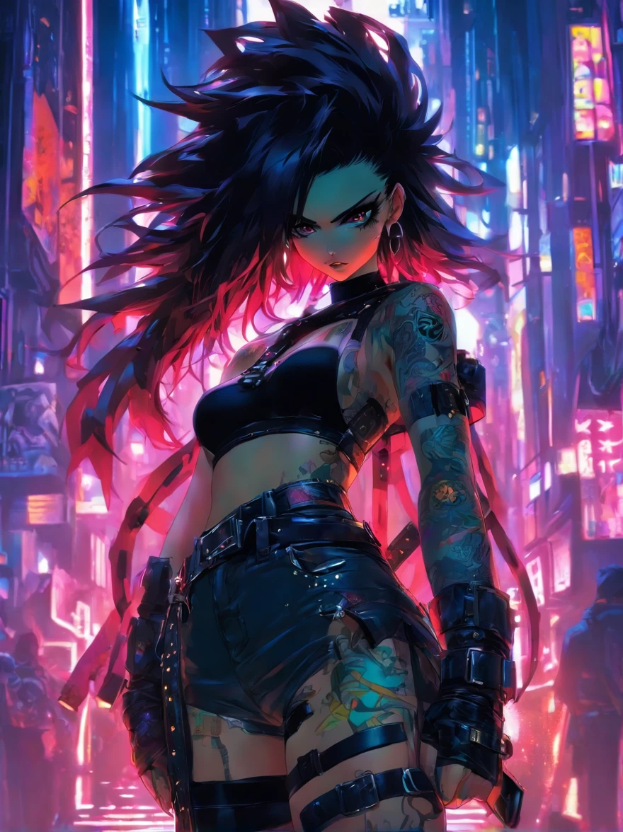 cute beautiful girl, BDSM, leather collar, harness, sword belt, wide thighs, narrow waist, lush black hair, bright makeup, A naughty expression on her face, the night, sexy, Belts & leather, Tattoo, Full length