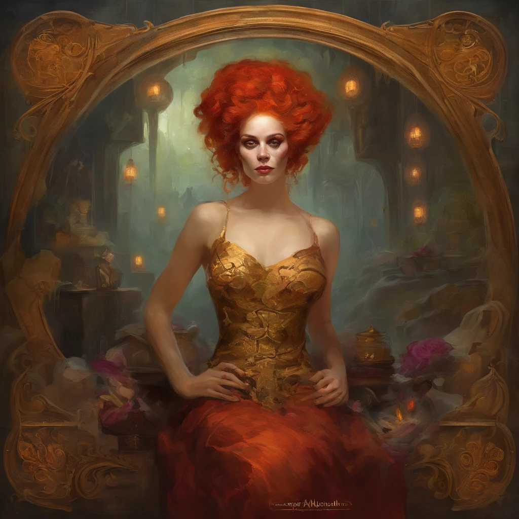 Painting of a red-haired woman with Day of the Dead makeup and a golden dress, Mucha Klimt et Tom Bagshaw, Craig Mullins Alphonse Mucha, Alphonse Mucha et Craig Mullins, Beeple et Alphonse Mucha, Tom Bagshaw Donato Giancola, Krenzcushart, inspired by James C. Christensen, Beaucoup. art nouveau. Gloomhaven