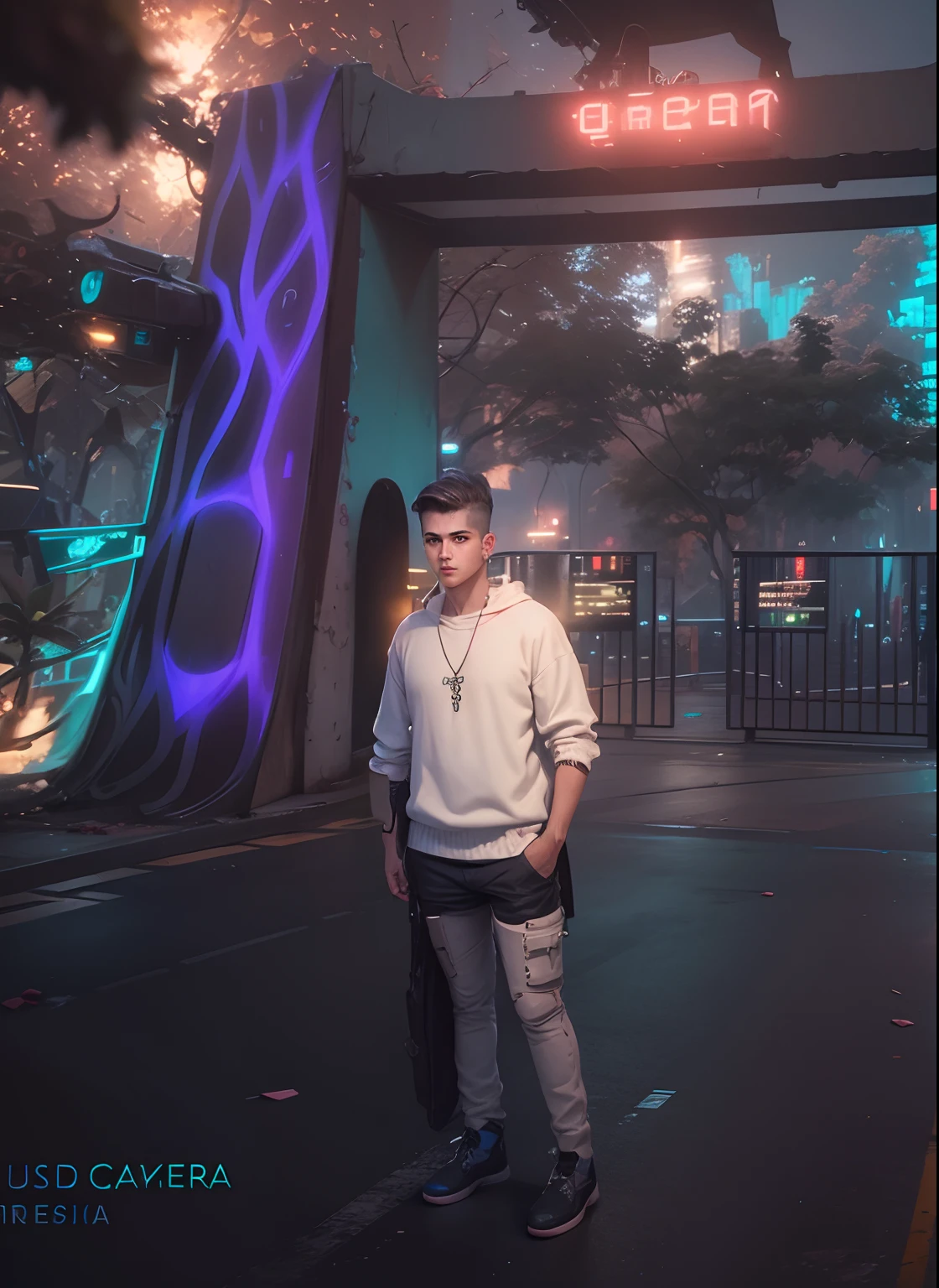 Cyberpunk cute boy background change,Rosto realista,8k,ultra realistic, change background
