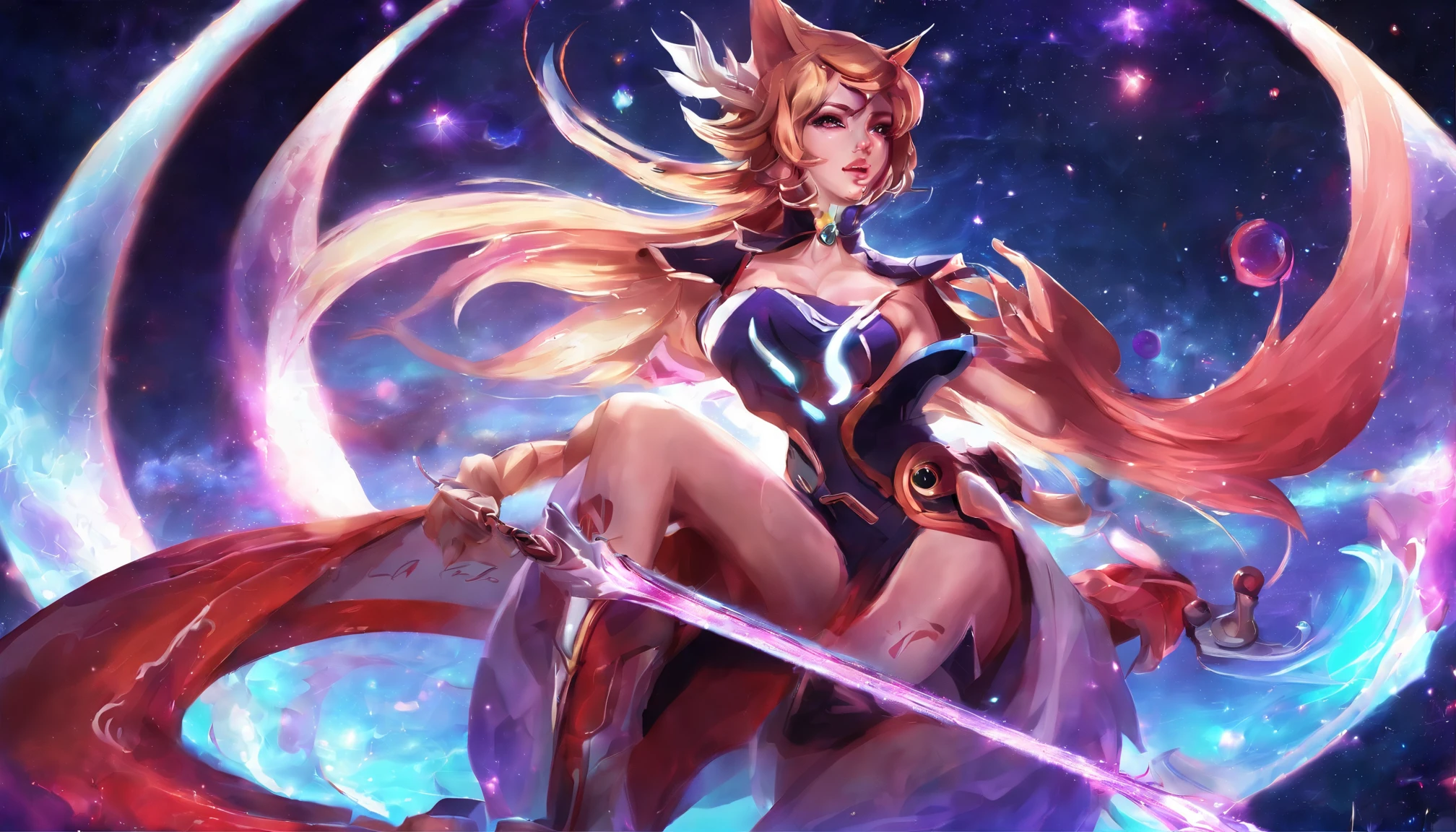 Ahri de League of Legends, foto do corpo todo, perfect hands, cabelos pretos e longos, nine fox tails on the tailbone, orelhas de raposa pretas, roupa de samurai vermelha, papel de parede, fundo em Iona, rosto sexy oriental, cabelos pretos escuros
