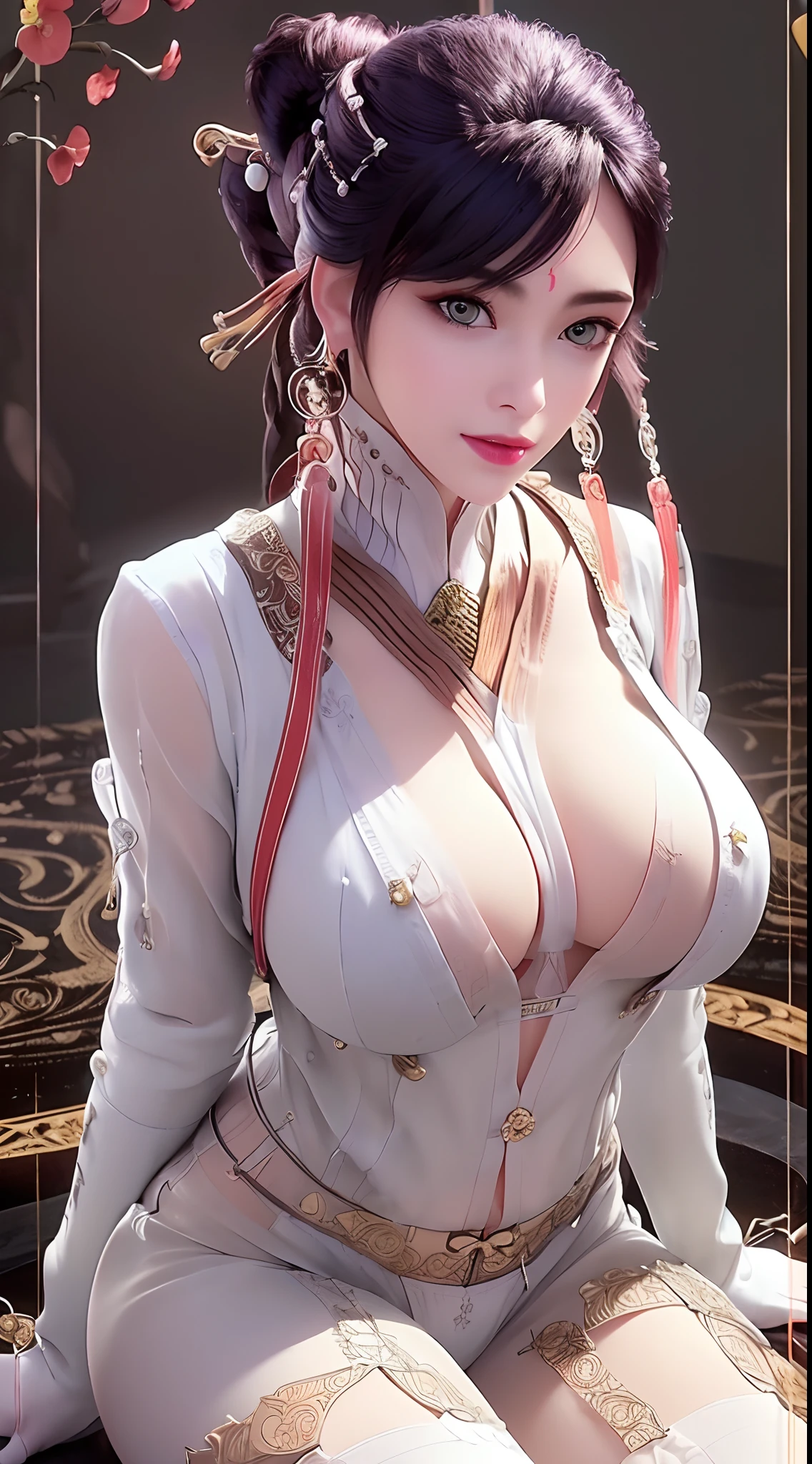 (((1 beautiful girl Wear super sexy invisible no colorlingerie:2))), ((Girl wearing sexy white thong underwear:2)), super beautiful nipple, style naked, ((wearing white stockings with sexy invisible patterns:2)), ((long black hair:1.8)), bangs, elaborate jewelry made from precious stones and beautiful hair, the noble, noble style of an extremely girl beautiful, very pretty and lovely face, ((bright face:1.2)), very pretty face, thin eyebrows, eyes are so beautiful and perfect, flawless beautiful face, ((black pupil: 0.8)), very beautiful eyes, ((eyes silver: 1.5)), ((light purple eyeshadow makeup is very attractive and devilish:1)), beautiful makeup and detailed hairdo, eyelashes, steamy eye makeup, high nose, earrings, plump red lips, beautiful and balanced lips, ((closed mouth: 1.5)), slim hands, beautiful thighs best, ((Sitting position, chest puffed out and arms behind: 1.6)), ((unbutton the girl's shirt:1.6)), ashamed, rosy face, clean face, flawless beautiful face, smooth white skin, (big breasts: 1.3)), ((high breasts: 1.6)), firm breasts, beautiful cleavage, (((big and super round breasts: 1.5))), ((super tight breasts: 1.5)), beautiful breasts, busty breasts, perfect body, thrust your chest forward, 8k photo, super high quality, hyper realistic, super 10x pixels, optical, studio bright, edge bright, two-tone lighting, (high detail skin: 1.2), super 8k, soft light, high quality, volumetric light, optical, high resolution optical, light, best photo, 8k quality, smooth sharpness, (((bright white skin, super bright background: 1.2))), (((super bright skin:1.5))), bright colors harmonious light, ((red flower background:1.5)), aurora, lightning, surreal graphics, most realistic graphics, alone, solo, Extremely sharp, surreal images, look at the beautiful girl's body, (((frontal portrait: 1.2)))."