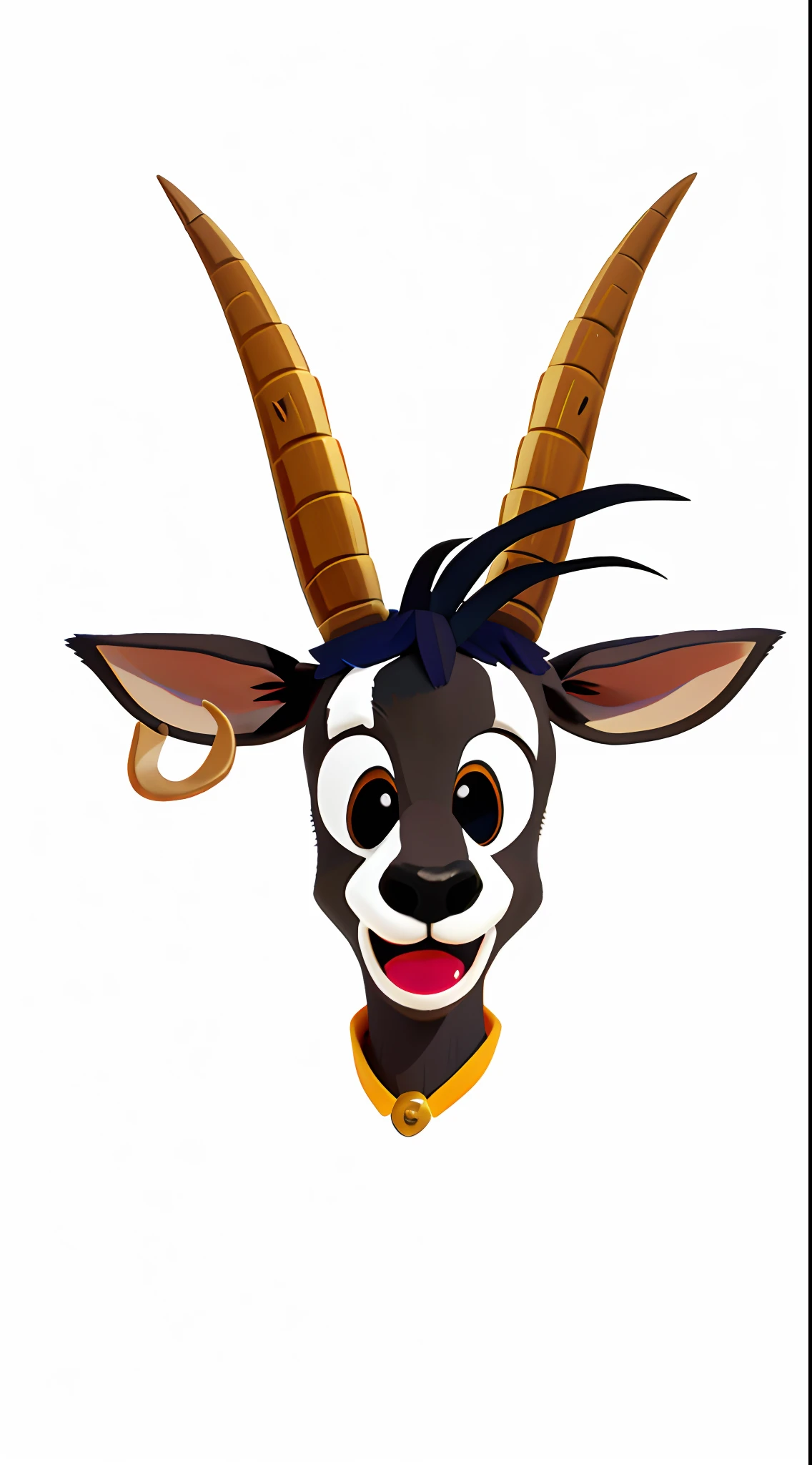 There is a goat with horns and a yellow collar, cauda longa com chifres, an anthropomorphic deer, Mascot illustration, com chifres, Goat horns on the head, "Retrato de um animal de desenho animado, anthropomorphic deer, horned, um chifre, com chifres pretos em vez de orelhas, chifres brancos das sobrancelhas, anthropomorphic female deer