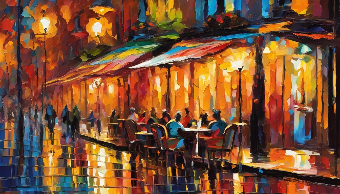 Impasto Oil painting , matt color grading, People are sitting in a roadside coffee shop on the night side of Paris. The light from the street lamps is spilling onto the street.