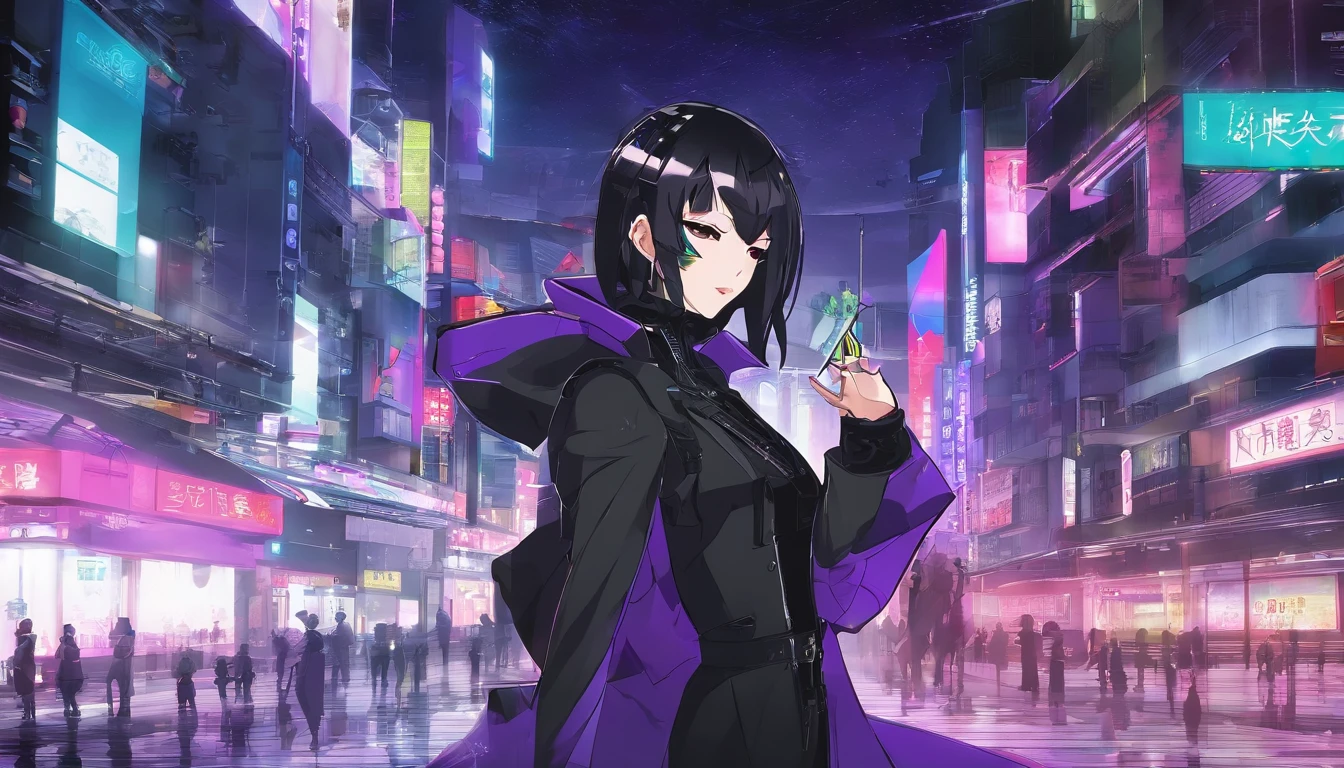 japanaese girl,pale skin,beatiful face(purple hair)red jacket,long coat,Tokyo at night, with Cyberpunk style,Japanese streetwear,Tokyo Fashion,In a Cyberpunk 2 jacket 0 7 7,Full-length,attractive pose,Bottom view,Araffe woman in black dress and black hat posing for photo, inspired by Otake Chikuha, Sui Ishida with black hair, based on Iwasa Matabey, Masami Kurumada Style, inspired by Yukihiko Yasuda, based on Sakai Hoitsu, Wearing Japanese technical clothing, wearing a black noble suit