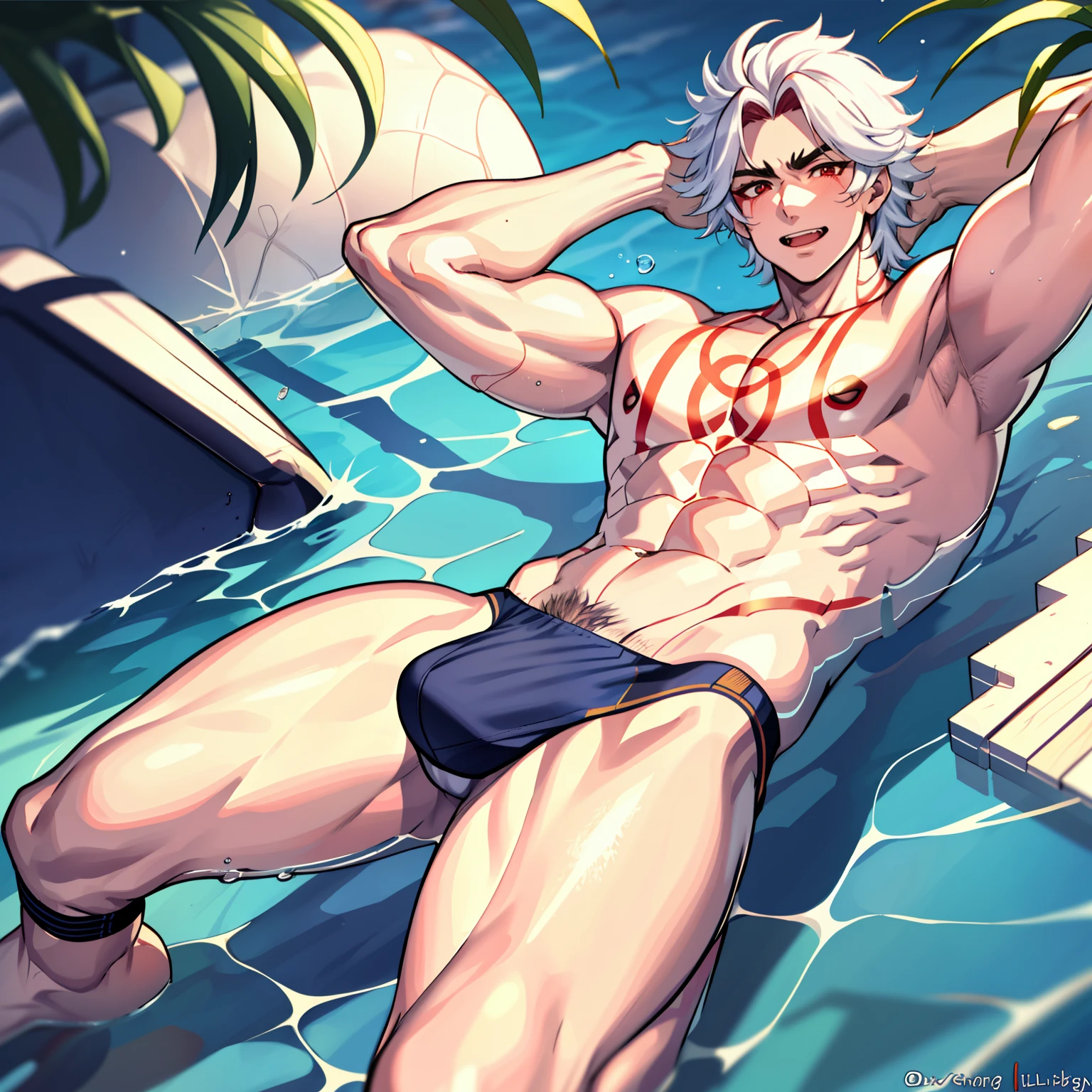 1 boy ，Libido boy，20yr old，Handsome，Muscular，Raised sexy，k hd， tmasterpiece，8K，tight swimming trunks，Nudity all over，Bare topless，white short socks，massive bulge，A sexy pose，Trembling，full-body view