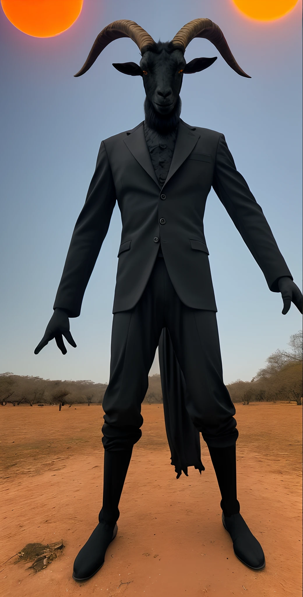 A GOAT STANDING WITH HUMAN BODY HIS OUTFIT IS A BLACK SUIT, PARECE O BAPHOMET, ATRAS IS A PARADISE, IN THE SKY HAS TWO SUN, ALTA QUALIDADE,4K,REALISMO, HDR+, SPACE LUNATIC ENVIRONMENT,IN THE SKY HAS TWO SUN, ONE RED, ANOTHER ORANGE SUN;, FOLHAS VOANDO