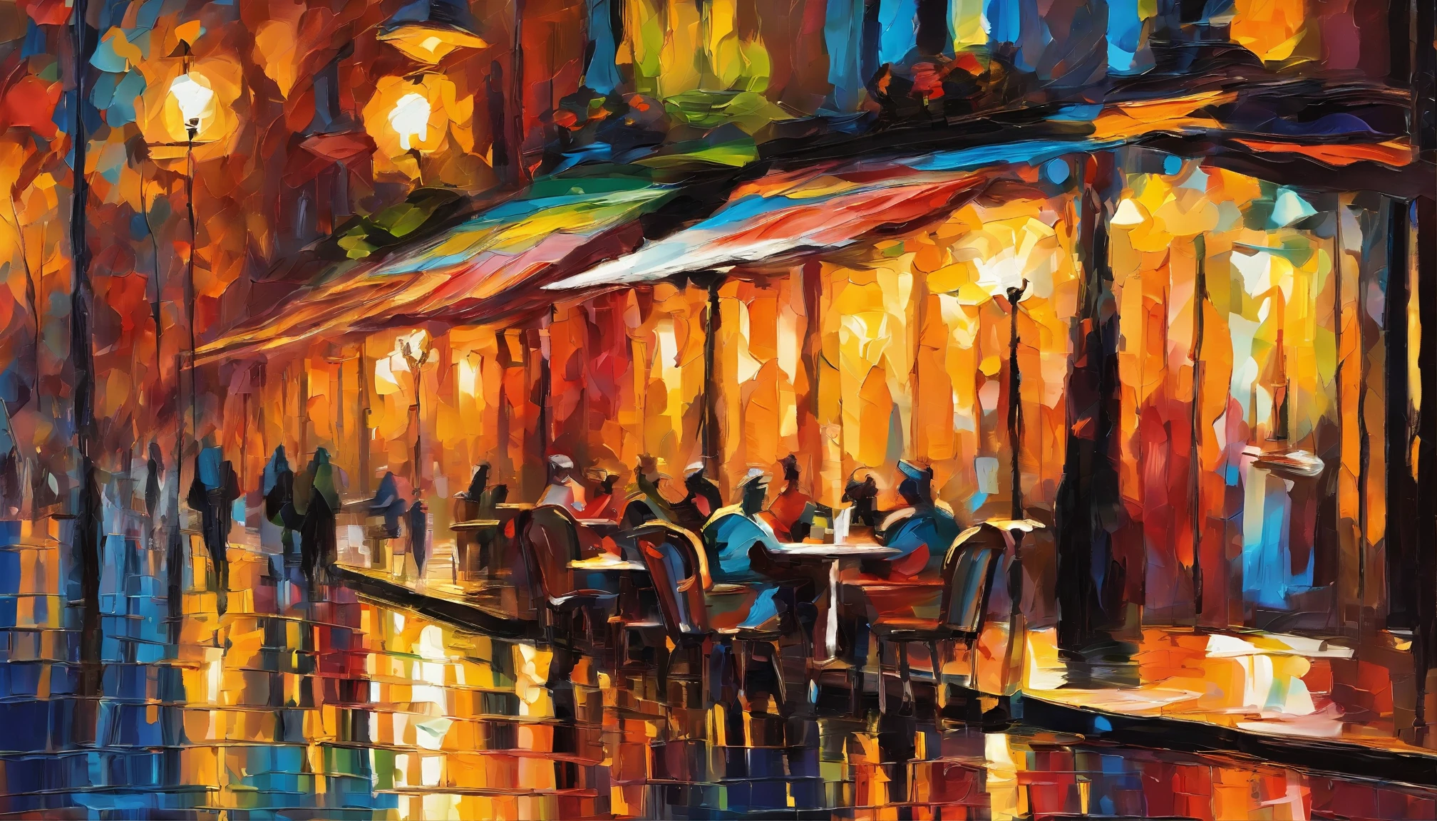 Impasto Oil painting , matt color grading, People are sitting in a roadside coffee shop on the night side of Paris. The light from the street lamps is spilling onto the street.