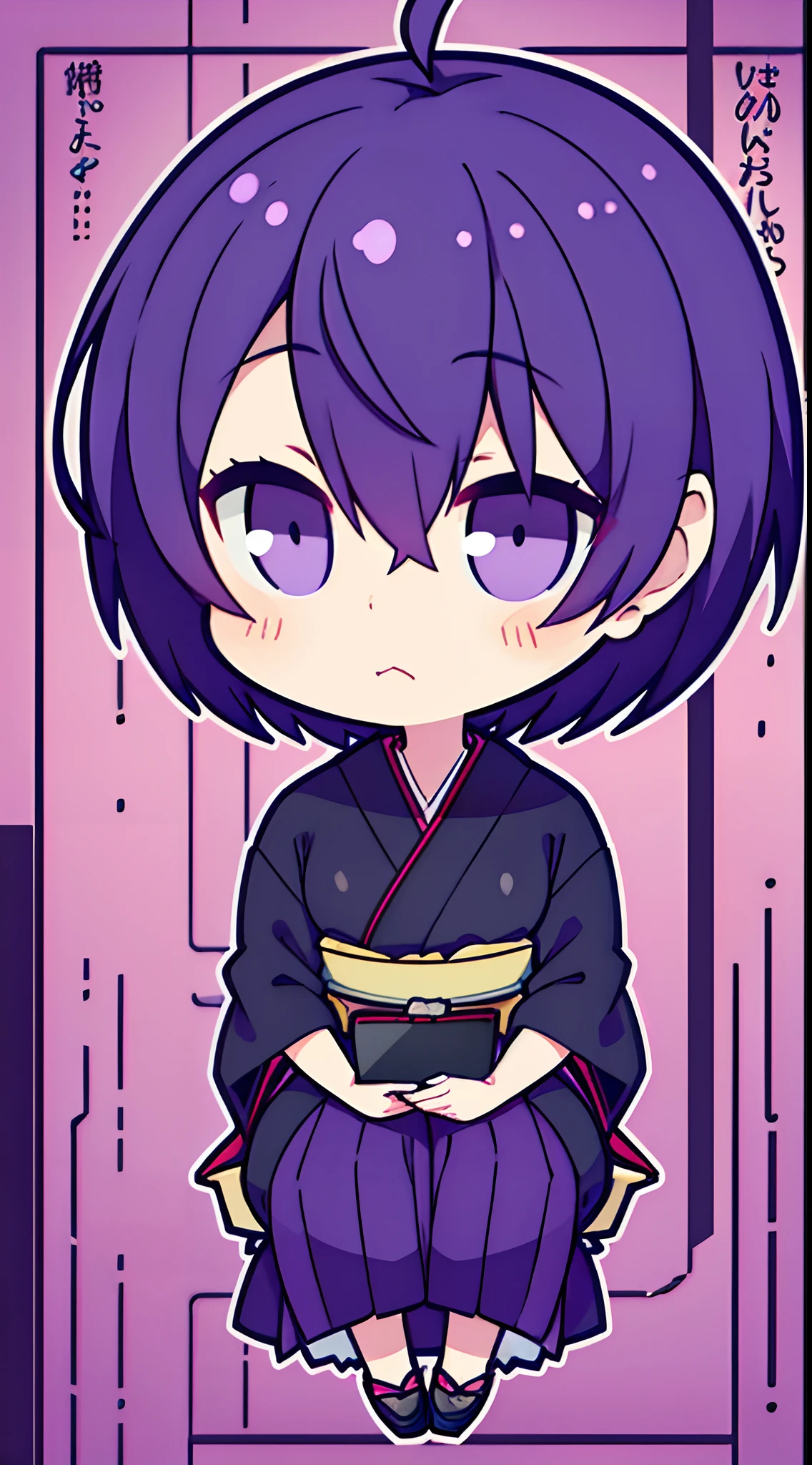 (Best Quality,4K,High resolution), girl with, Purple mesh hair on black hair, Bery short hair, disheveled short hair, , Comical appearance,deadpan,looks sleepy,comic strip,animesque,Comical illustration,Sit quietly,Komono,Hakama,busy,Deformed cute illustration,Compact size,tchibi