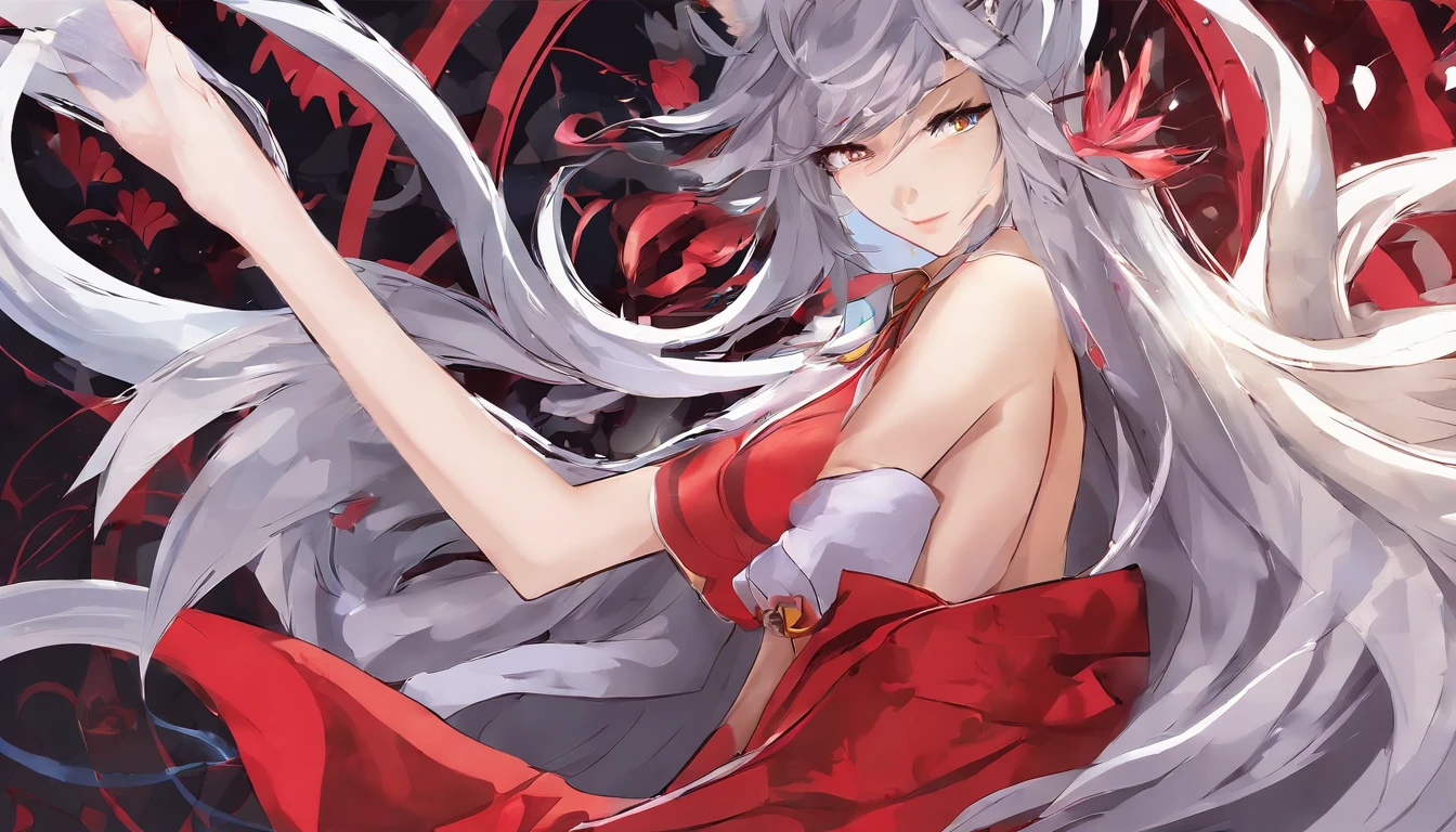 Ahri de League of Legends, foto do corpo todo, perfect hands, cabelos pretos e longos, nine fox tails on the tailbone, orelhas de raposa pretas, roupa de samurai vermelha, papel de parede, fundo em Iona, rosto sexy oriental, cabelos pretos escuros, imagem horizontal, celular