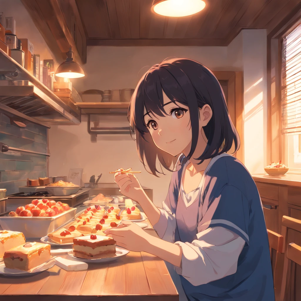 Girl with long black forehead,Cozy and cozy atmosphere, Student dormitories,Eat dessert