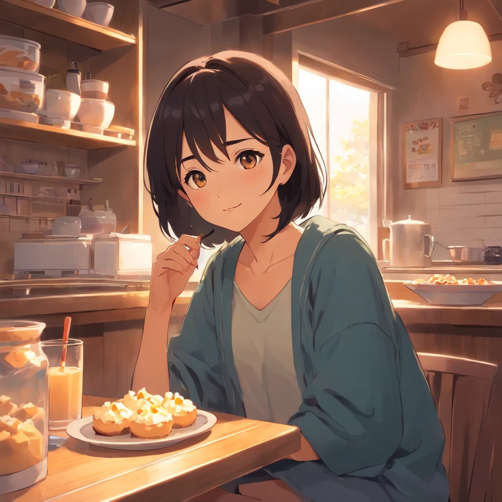 Girl with long black forehead,Cozy and cozy atmosphere, Student dormitories,Eat dessert