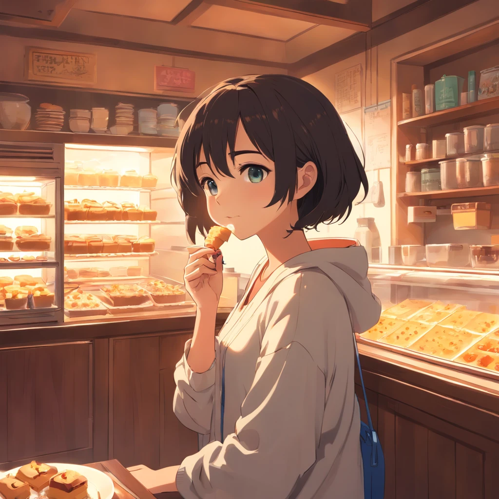 Girl with long black forehead，Cozy and cozy atmosphere, Student dormitories，Eat dessert
