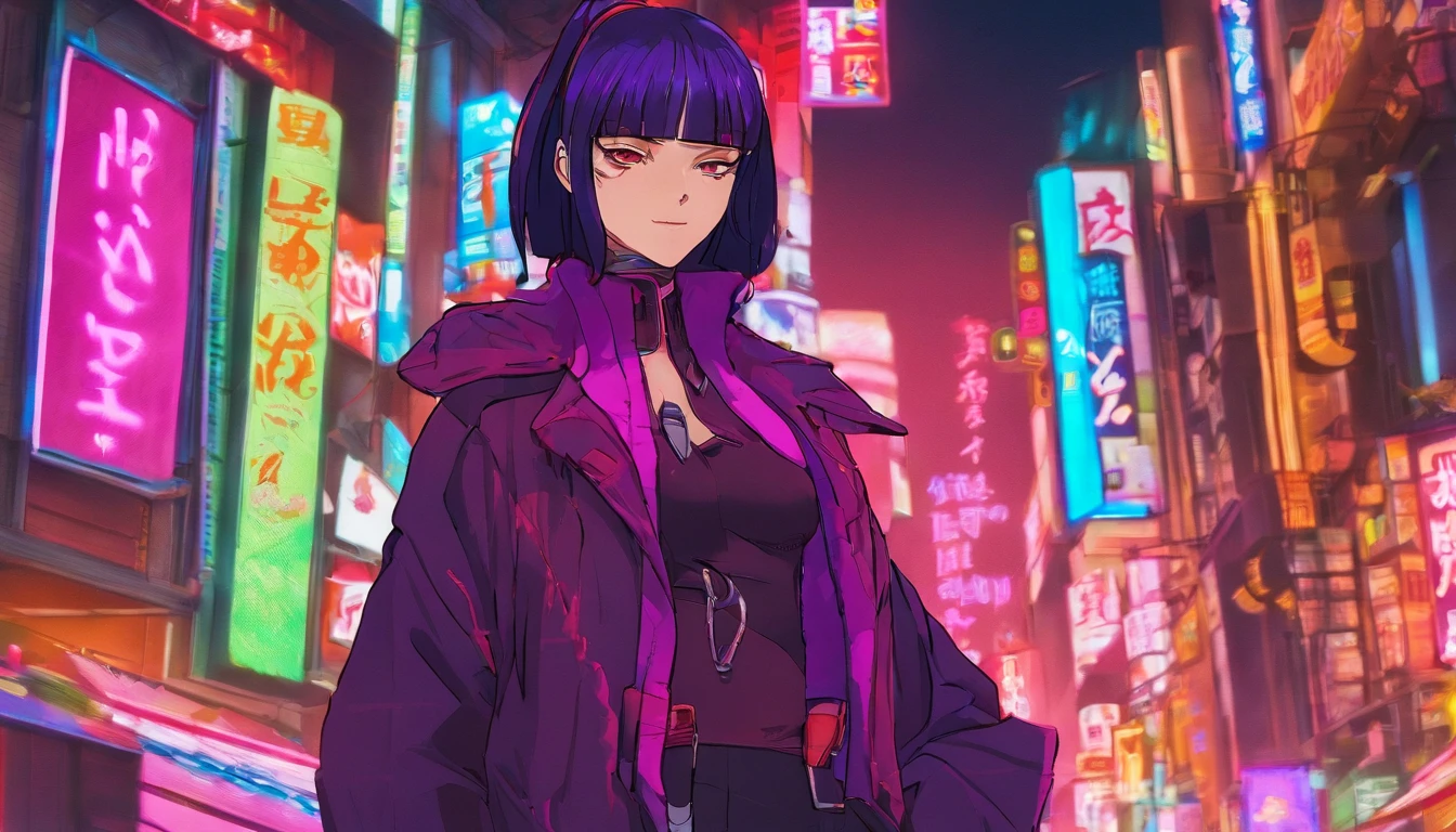 japanaese girl,pale skin,beatiful face(purple hair)red jacket,Tokyo at night, with Cyberpunk style,Japanese streetwear,Tokyo Fashion,In a Cyberpunk 2 jacket 0 7 7,Full-length,attractive pose,Bottom view,Araffe woman in black dress and black hat posing for photo, inspired by Otake Chikuha, Sui Ishida with black hair, based on Iwasa Matabey, Masami Kurumada Style, inspired by Yukihiko Yasuda, based on Sakai Hoitsu, Wearing Japanese technical clothing, wearing a black noble suit