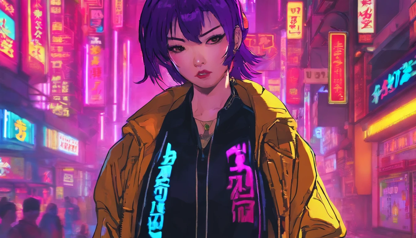 japanaese girl,pale skin,beatiful face(purple hair)red jacket,Tokyo at night, with Cyberpunk style,Japanese streetwear,Tokyo Fashion,In a Cyberpunk 2 jacket 0 7 7,Full-length,attractive pose,Bottom view,Araffe woman in black dress and black hat posing for photo, inspired by Otake Chikuha, Sui Ishida with black hair, based on Iwasa Matabey, Masami Kurumada Style, inspired by Yukihiko Yasuda, based on Sakai Hoitsu, Wearing Japanese technical clothing, wearing a black noble suit