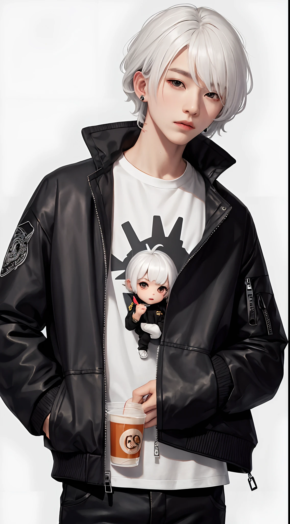 Chibi guy, white hair, short hair, wavy bangs, black eyes, black jacket, black pants, long ears