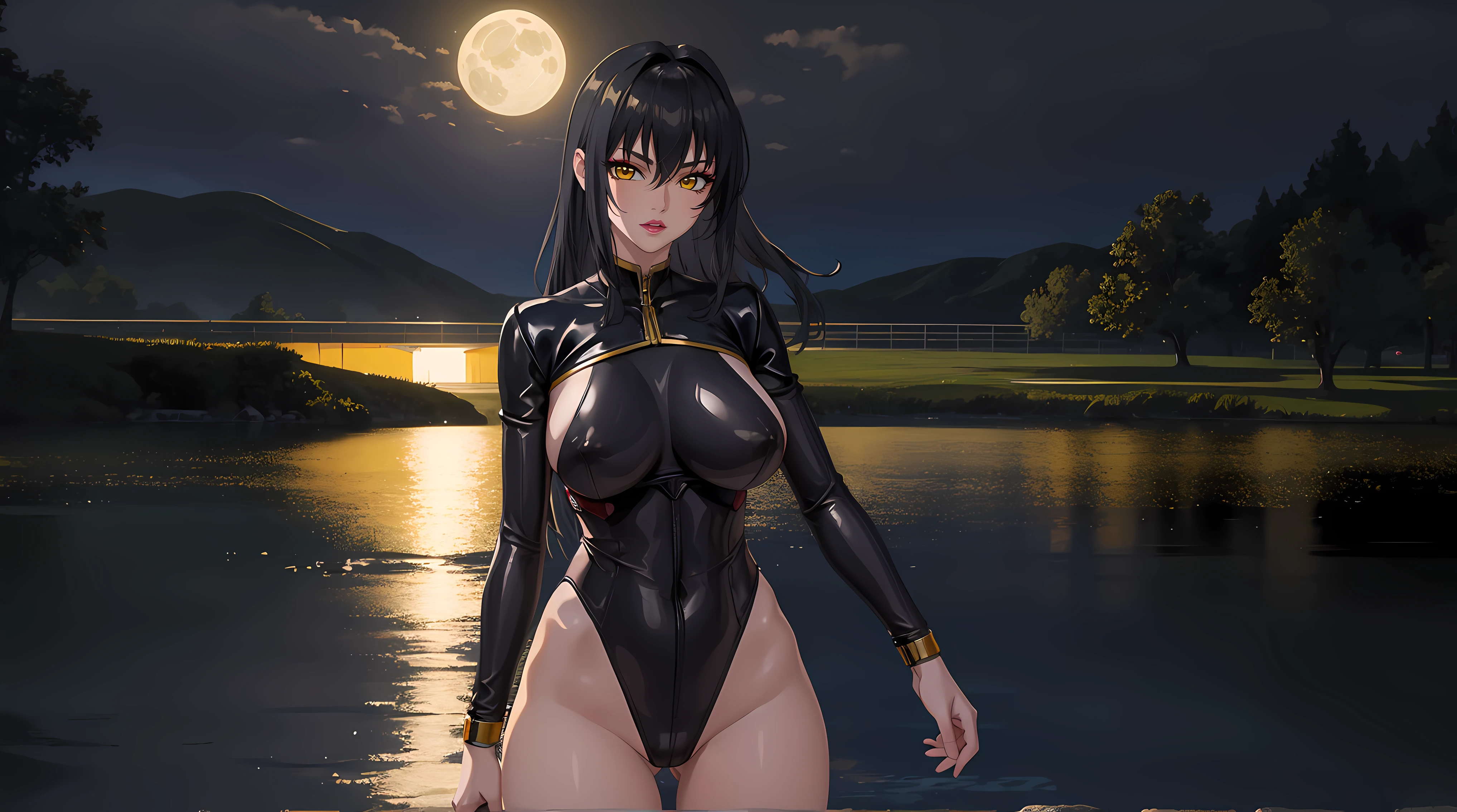 (masterpiece:1.4),(best quality:1.4),  soft lighting, moonlight, beautiful face, beautiful eyes, cowboy shot,
Annerose, 1girl, solo, female mature, black hair, long hair, (yellow eyes:1.4), large breasts, leotard leather, skin tight, hair intakes, covered breasts, exquisite eyes detail, exquisite character design unity details 8k hdr, professional art, landscape, (solo:1.5, cowboy shot:1.5), night, stand in the middle of lake surrounding by waterfall, sexy body, milf, 35 years old girl, big thighs, sexy waist, fully covered breasts