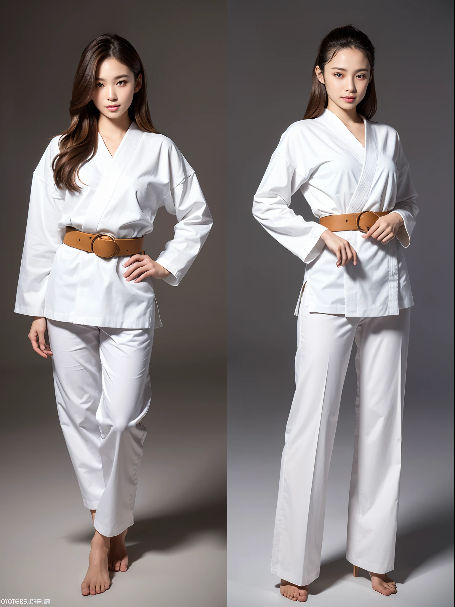 (Photorealsitic)(), Beautuful Women, (8K Beauty Full Body Portrait), Colossal tits,Stand alone, White karate uniform with no stomach visible, White Hand Belt, White karate pants, Perfect facial detail, attractive beautiful face, 二重まぶた, Beautiful detailed eyes, long eyeslashes, (Smile: 1.15), ligh brown hair, Hair that does not fall on the shoulders, TOKYOcty,1 female, Toned waist, Beautiful thin legs, toned ankles, bare-legged ,