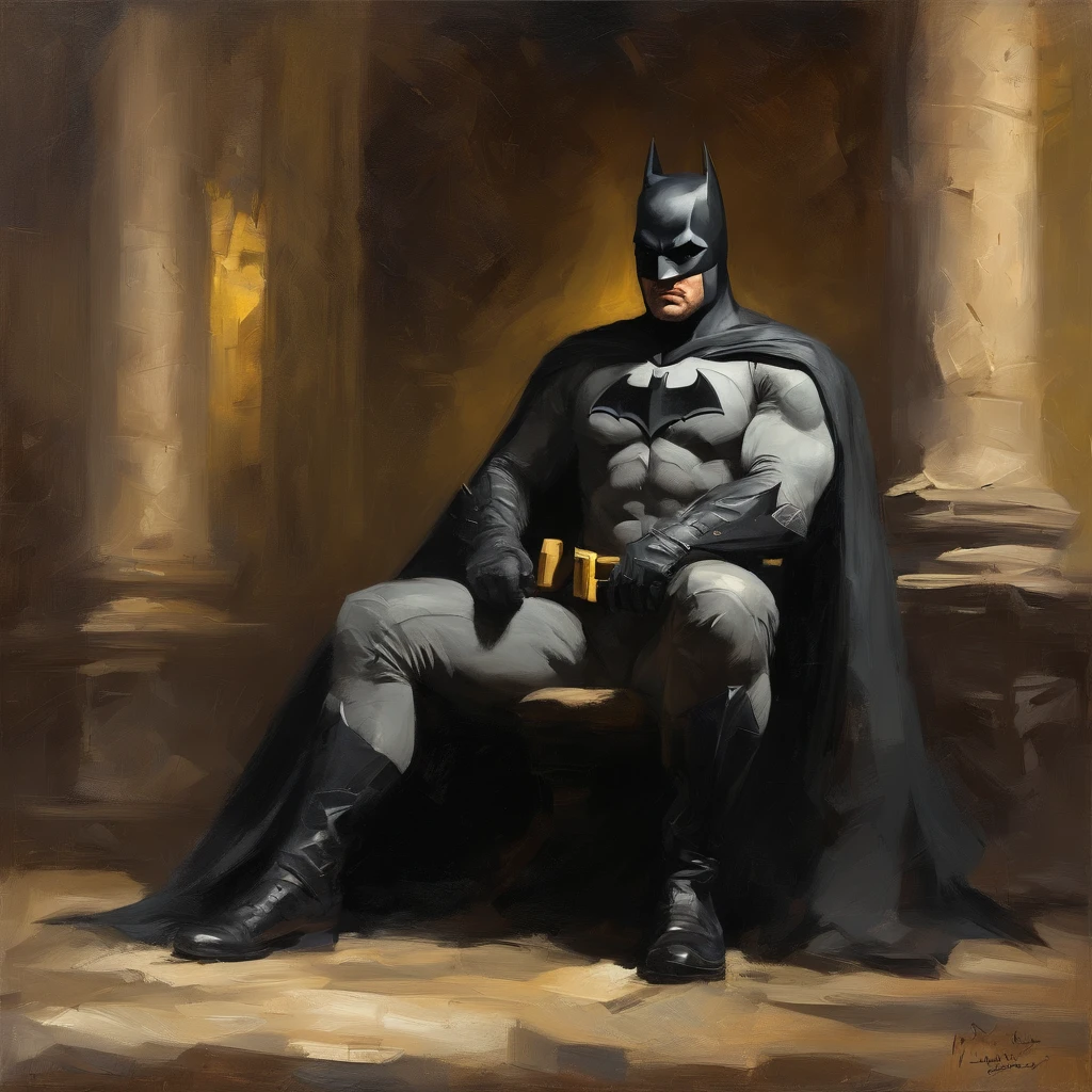 Batman in a wheelchair super old and crazy with gray hair and with a torn Batman costume without a mask. Sad and tired face. Psychiatric center fund. American style black and white drawing