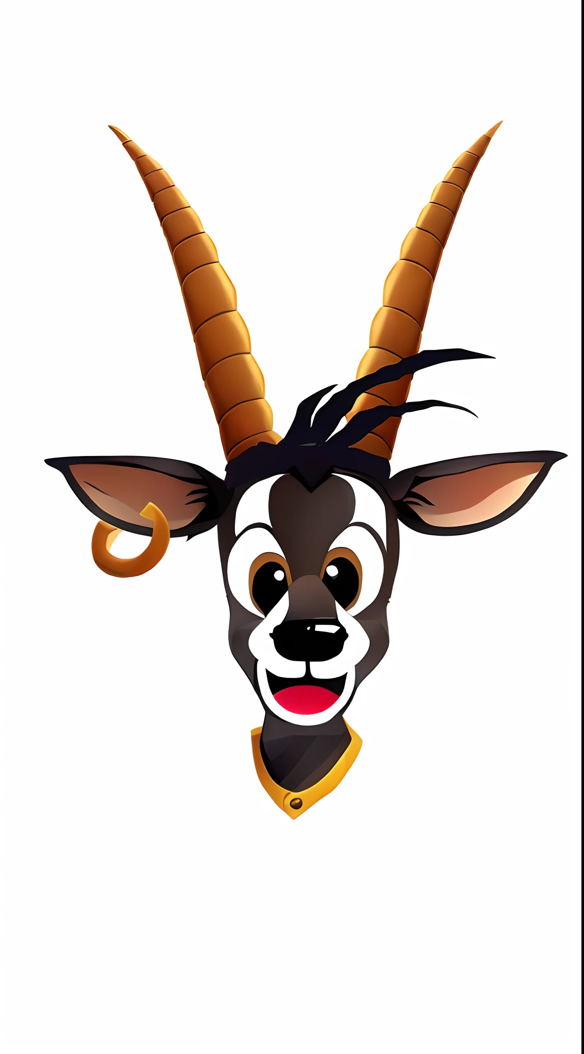 There is a goat with horns and a yellow collar, cauda longa com chifres, an anthropomorphic deer, Mascot illustration, com chifres, Goat horns on the head, "Retrato de um animal de desenho animado, anthropomorphic deer, horned, um chifre, com chifres pretos em vez de orelhas, chifres brancos das sobrancelhas, anthropomorphic female deer