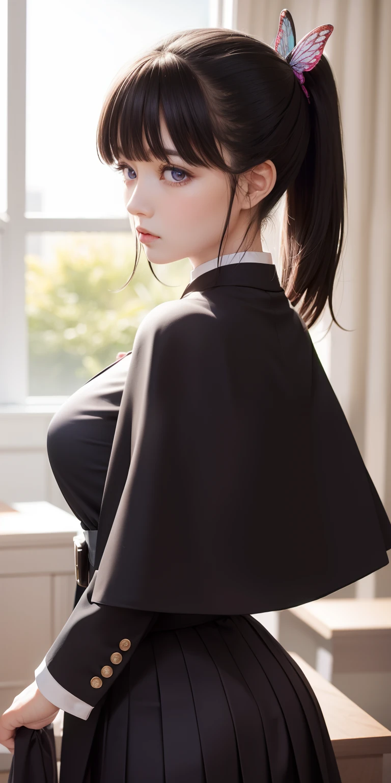 kanaotsuyuri, kanao tsuyuri, black hair, butterfly, butterfly hair ornament, (purple eyes:1.1), side ponytail, ponytail,
BREAK black skirt, cape, demon slayer uniform, long sleeves, pleated skirt, skirt, white cape,
BREAK looking at viewer,
BREAK indoors, classroom,
BREAK (masterpiece:1.2), best quality, high resolution, unity 8k wallpaper, (illustration:0.8), (beautiful detailed eyes:1.6), extremely detailed face, perfect lighting, extremely detailed CG, (perfect hands, perfect anatomy),huge breast