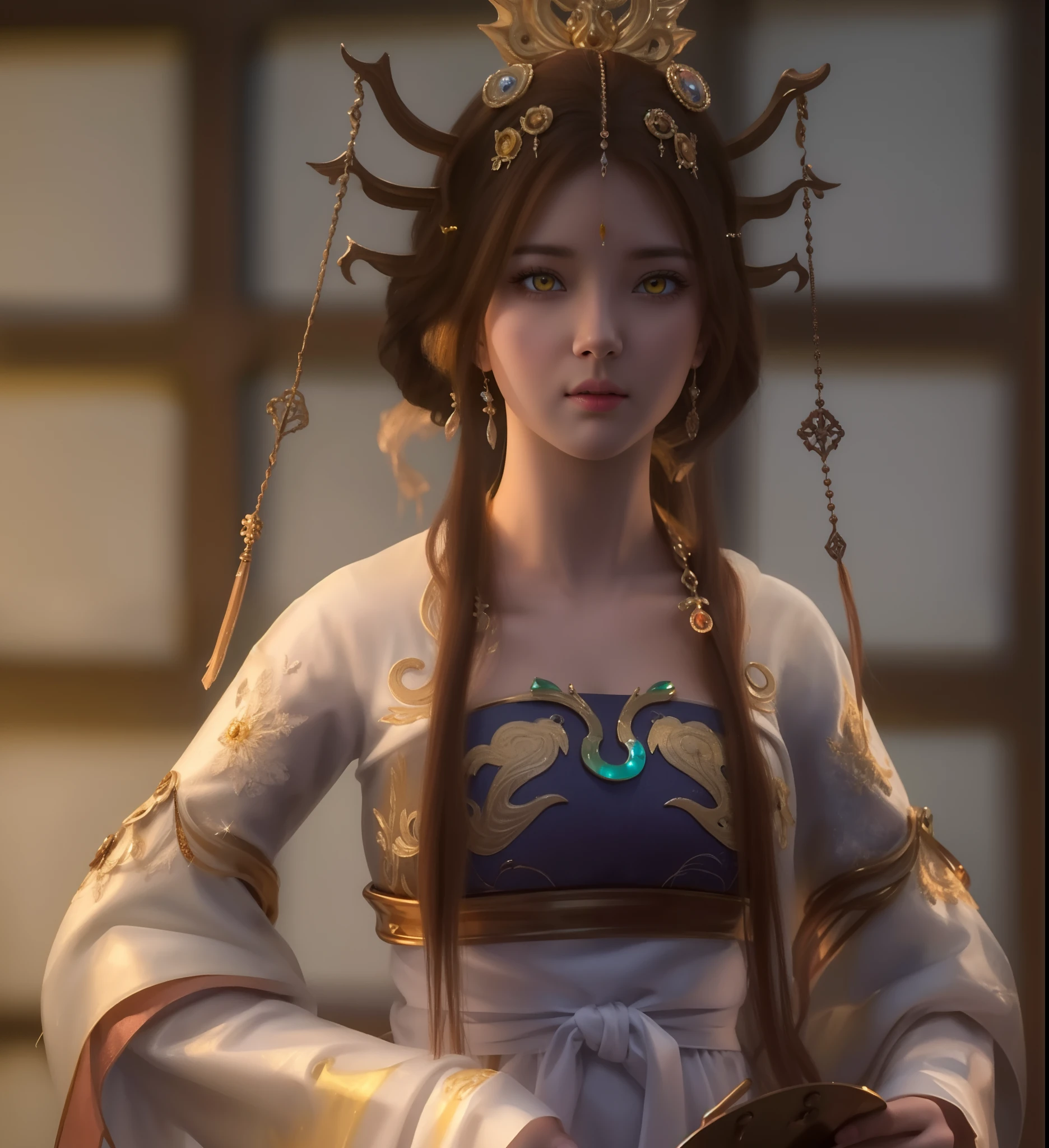 (hyperrealistic), (illustration), (high resolution), (8K), (extremely detailed), (best illustration), (beautiful detailed eyes), (best quality), (ultra-detailed), (masterpiece), (wallpaper), (photorealistic), (natural light), (rim lighting), (detailed face), (high detailed realistic skin texture), (anatomically correct), (solo), (1 girl), (high detailed realistic hair), (caramel hair:1.35), (heterochromic eyes), (detailed eyes), (light yellow eyes:1.37), (sparkling eyes), (realistic big breasts:1.5), (exposed nipples breasts:1.35), (long legs), (slender abs), (dynamic pose), (closed tiny mouth:1.3), (nsfw), (concentrated expression), (topless),