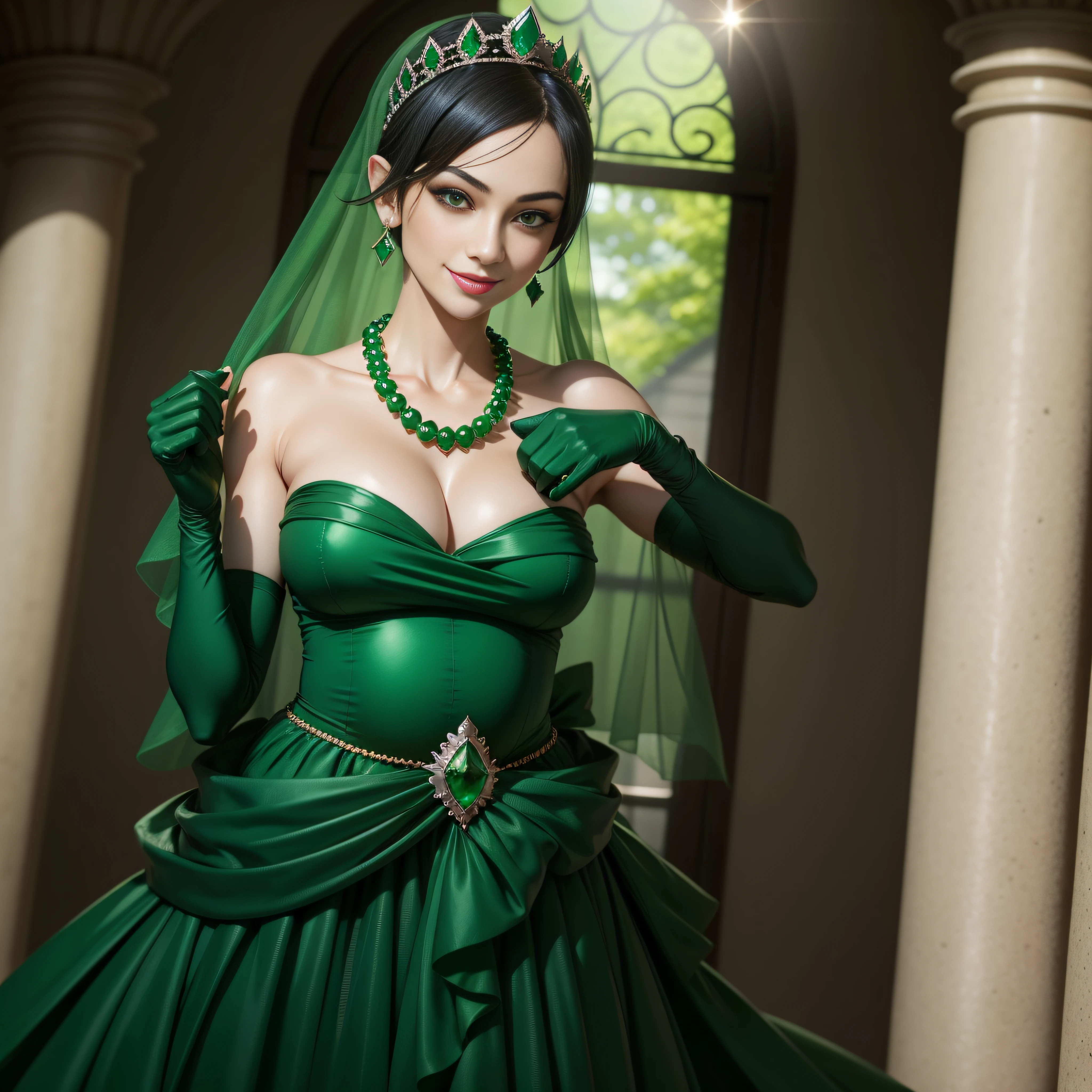 emerald tiara, Green Pearl Necklace, Boyish very short black hair, lipsticks, Japan woman smiling, very short short hair, big breasts beautiful, Green eyes, Long green gloves made of satin material, Green eyes, Emerald Earrings, Pregnant Woman, The tattoo