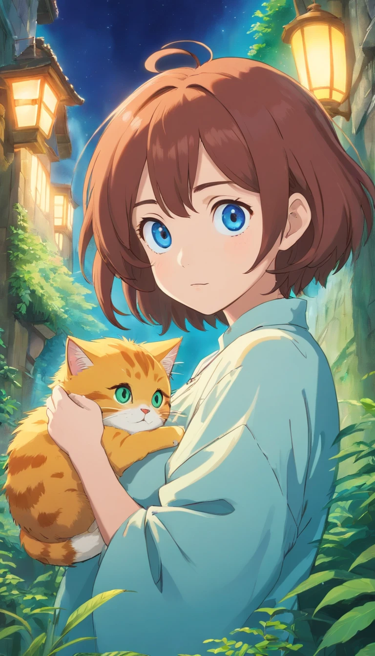 shaggy，Blue glowing eyes，humongous large breast，Cute cats，A little girl holds it，2.7D，Ultra-high sharpness，超高分辨率，8K