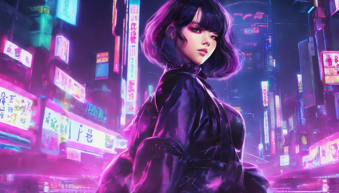 japanaese girl,pale skin,beatiful face(purple hair)red jacket,Tokyo at night, with Cyberpunk style,Japanese streetwear,Tokyo Fashion,In a Cyberpunk 2 jacket 0 7 7,Full-length,attractive pose,Bottom view,Araffe woman in black dress and black hat posing for photo, inspired by Otake Chikuha, Sui Ishida with black hair, based on Iwasa Matabey, Masami Kurumada Style, inspired by Yukihiko Yasuda, based on Sakai Hoitsu, Wearing Japanese technical clothing, wearing a black noble suit