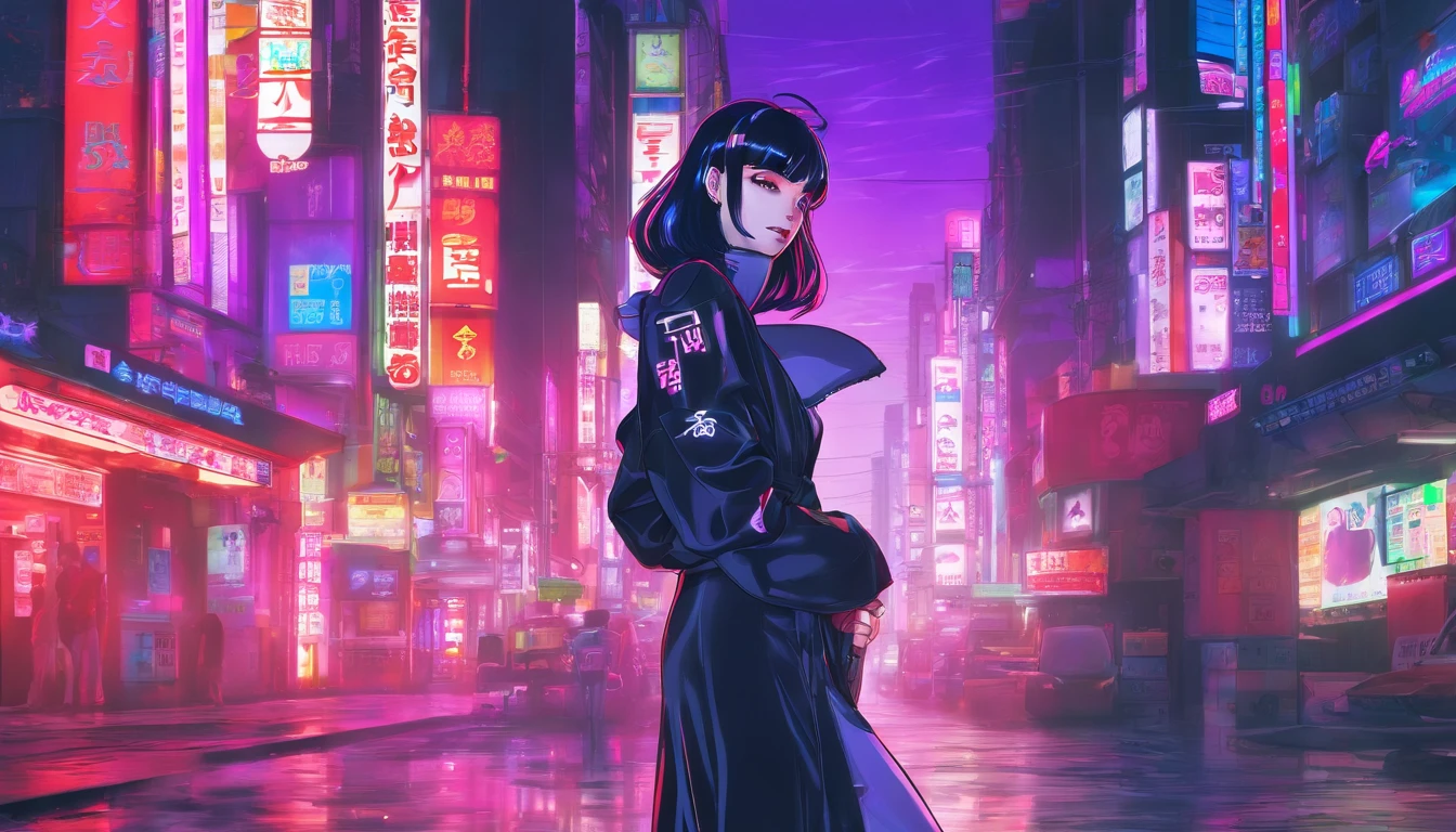 japanaese girl,pale skin,beatiful face(purple hair)red jacket,Tokyo at night, with Cyberpunk style,Japanese streetwear,Tokyo Fashion,In a Cyberpunk 2 jacket 0 7 7,Full-length,attractive pose,Bottom view,Araffe woman in black dress and black hat posing for photo, inspired by Otake Chikuha, Sui Ishida with black hair, based on Iwasa Matabey, Masami Kurumada Style, inspired by Yukihiko Yasuda, based on Sakai Hoitsu, Wearing Japanese technical clothing, wearing a black noble suit