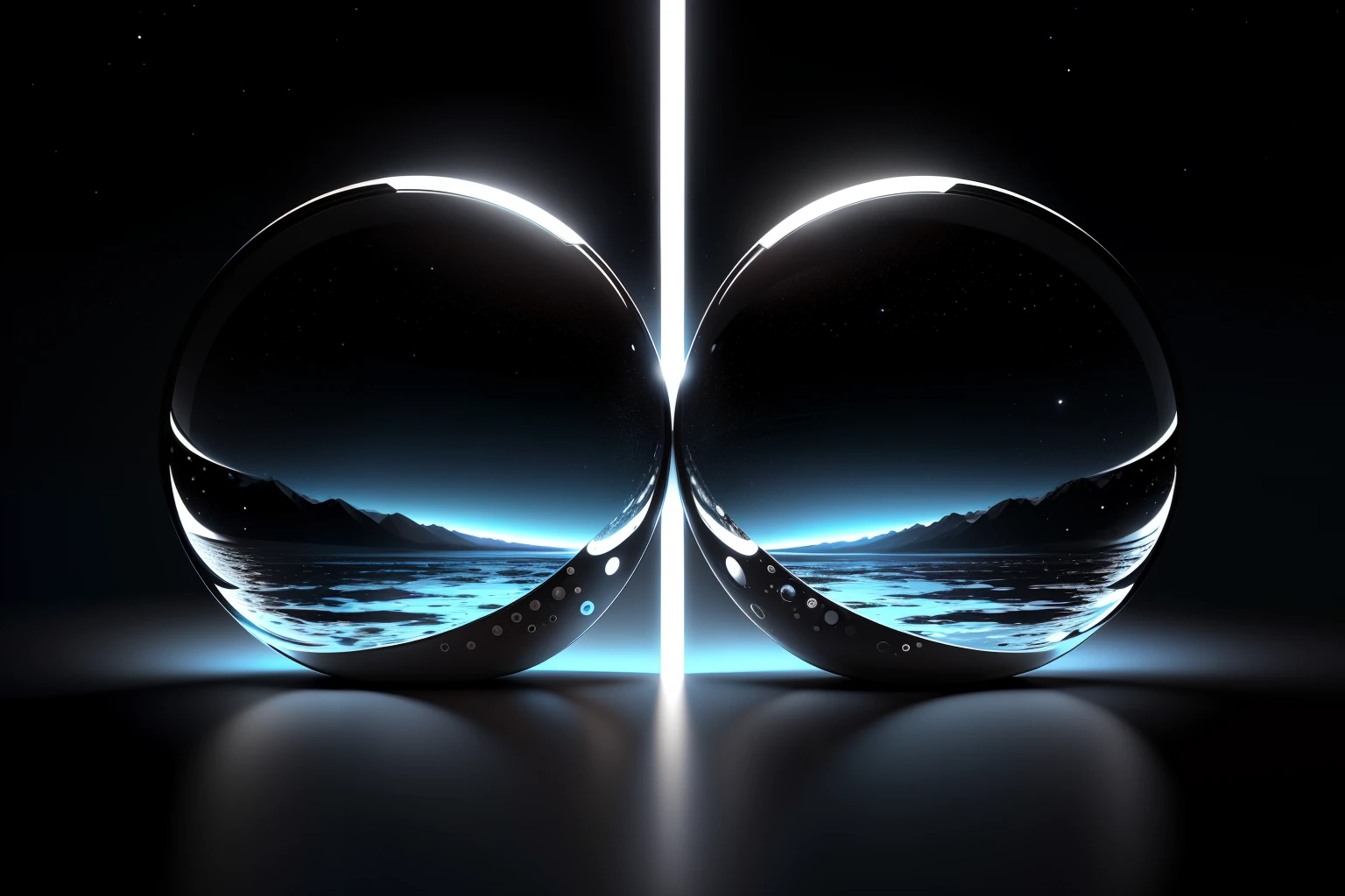 Imagine a Two mirrors oppositely placed between them is a universe whose reflections repeat themselves endlessly the form of an interplanetary universRecursive reflections that shrink to infinity e , liquid Chrome, realistic environment, wide angle side view, fast shutter speed 1/l500, aperture f/12, Cinema 4D, Masterpiece, 8k, HR, HQ, 4D, bokeh - -ar 3:2 4c