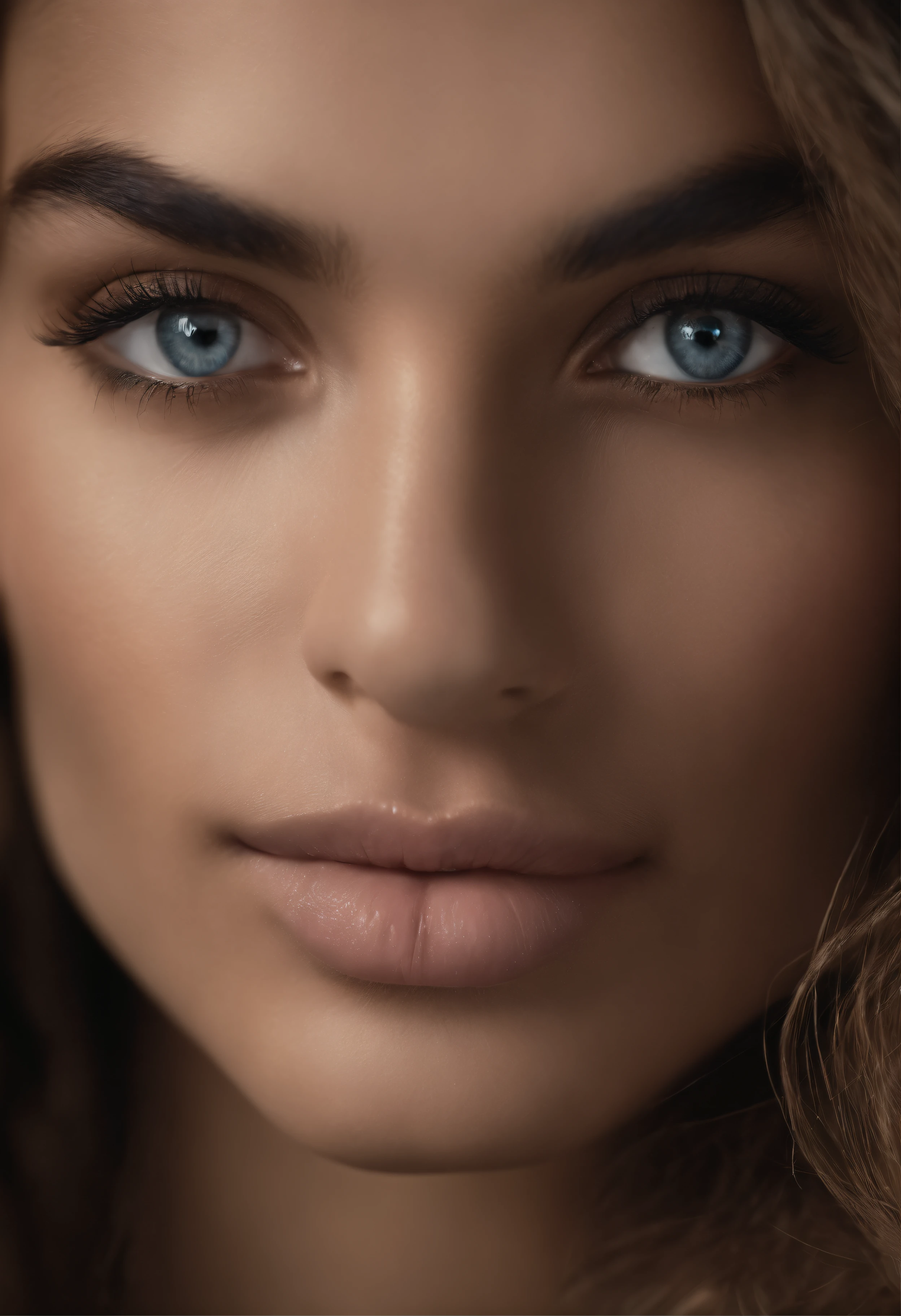 Retrato em close up do rosto de uma linda mulher branca de 22 anos. ela tem cabelos negros, lisos e sedosos, com uma franja lateral delicada. His eyes are big and blue, with intricately detailed and long irises, dark lashes. Your skin is perfectly smooth, com textura e poros realistas. Tem sobrancelhas finas, small nose and pink fleshy lips. Soft lighting shapes facial features, com sombras suaves. Cada fio de cabelo, poro, spots and veins are accurate. The focus is sharply set with each eyelash visible. This facial portrait is rendered in 4k, with the highest level of photographic quality. The detailing is hyper-realistic and impressive, digno de uma obra prima em close up