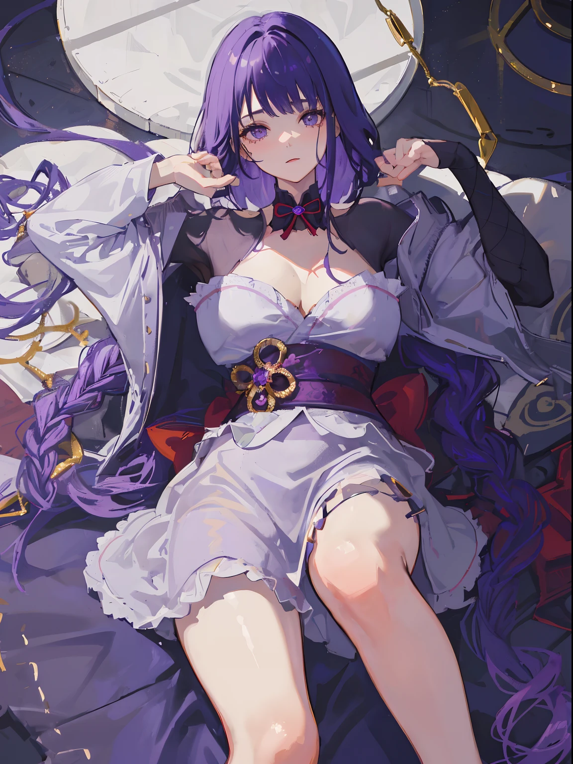 ((beautiful lighting, Best quality, 8K, Masterpiece: 1.3)), 1girl, ((purple hair)), (White dress: 1.4), (Indoor , night: 1.1), (Lie on the bed ), Super Fine Face, Fine Eyes, Glasses,naughty look, stocking