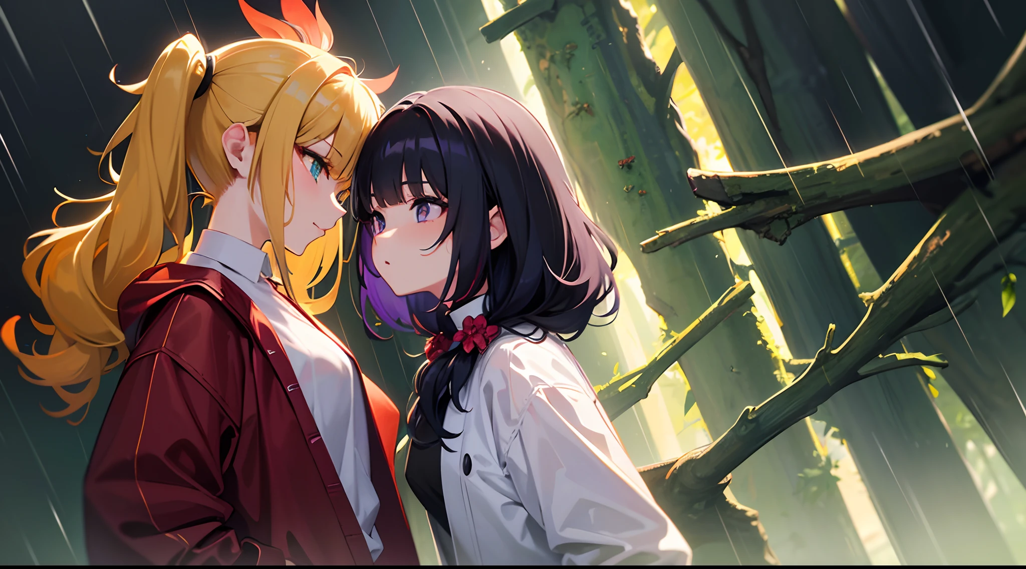 masterpiece, lots of detail, 4k, 8k, ((ultra-detailed)), highres, soft lighting, 2girls, autumn, rain, outerwear, {green eyes|red eyes|blue eyes|gold eyes}, {very long hair|short hair|curly hair}, {red hair|black hair|blonde hair|multicolored hair|green hair|purple hair}, {twintails|ponytail|loose hair|bob cut|hime cut|tomboy}, {low angle|medium angle|high angle}