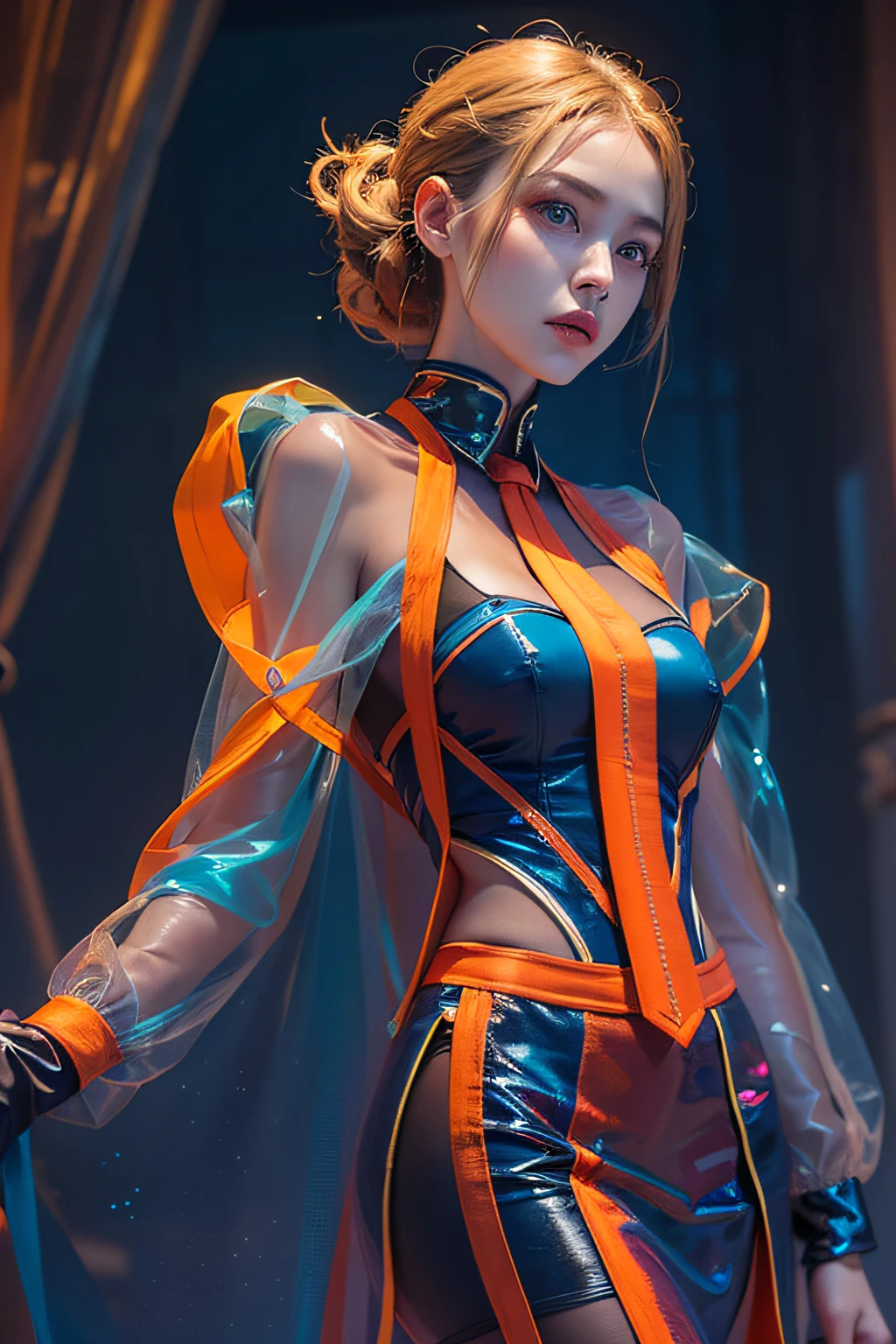 Supermodel in haute couture clothing, orange neon velvet and blue transparent polyethylene, Clothing model, in full height, Neo-Futurism style, ultradetail, The texture of the fabric, studio lightning, Professional photo, tmasterpiece, Elegantly, Professional photo, Clothing concept