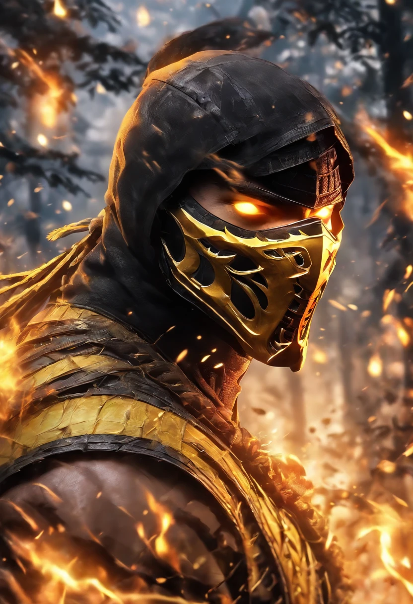 Mortal Kombat Scorpion, white eyes, classic mask, movie 1995, comes out of the forest in the fog, atmosphere of darkness and horror, in the style of illusory portraits, modular, uhd, --ar 71:118 --s 750 --niji 5