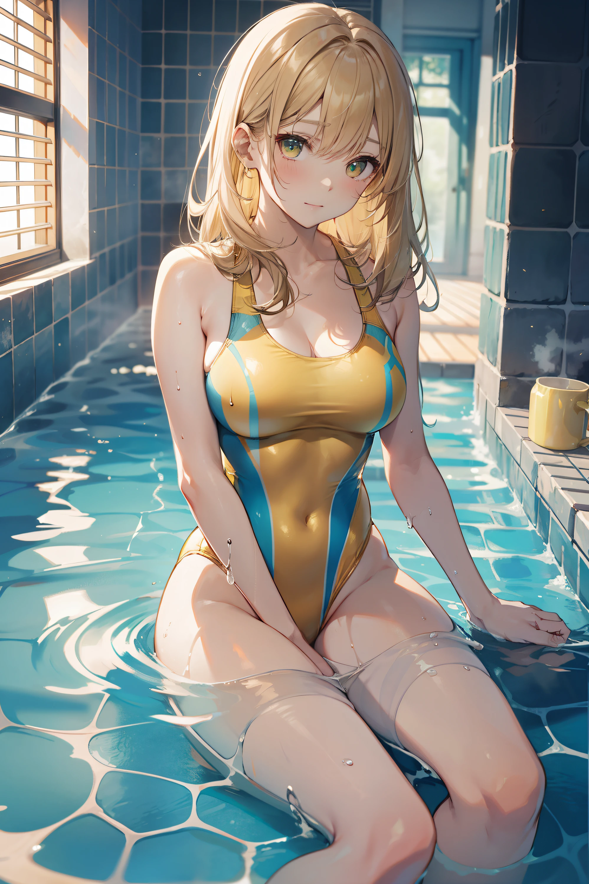 top-quality、Full limbs、complete fingers、Slender beauty、straight haired、blondehair、Medium Hair、Raw feet、(Solid yellow competition swimsuit:1.3)、The overall color of the swimsuit is yellow、Wet texture、Beautiful Large Breasts、Bath at home、Blushing、Hot flashes、Soaking in hot water