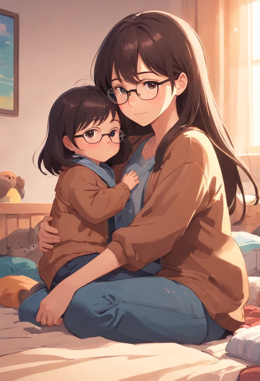a mother, glasses, brown hair, bangs, brown clothes, holding her girl, long black hair, bangs, newborn clothes, nursery ((huge boobs)) ((nipples)) ((pussy))