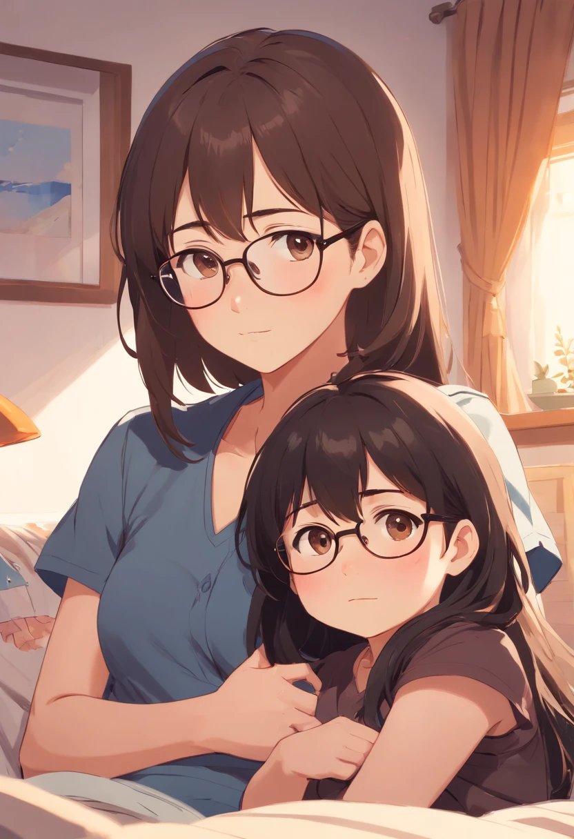 Teenage mother, Glasses, Brown hair, Bangs, Brown clothes, Hugging baby girl, Long Black Hair, Bangs, Newborn clothing, childs room
