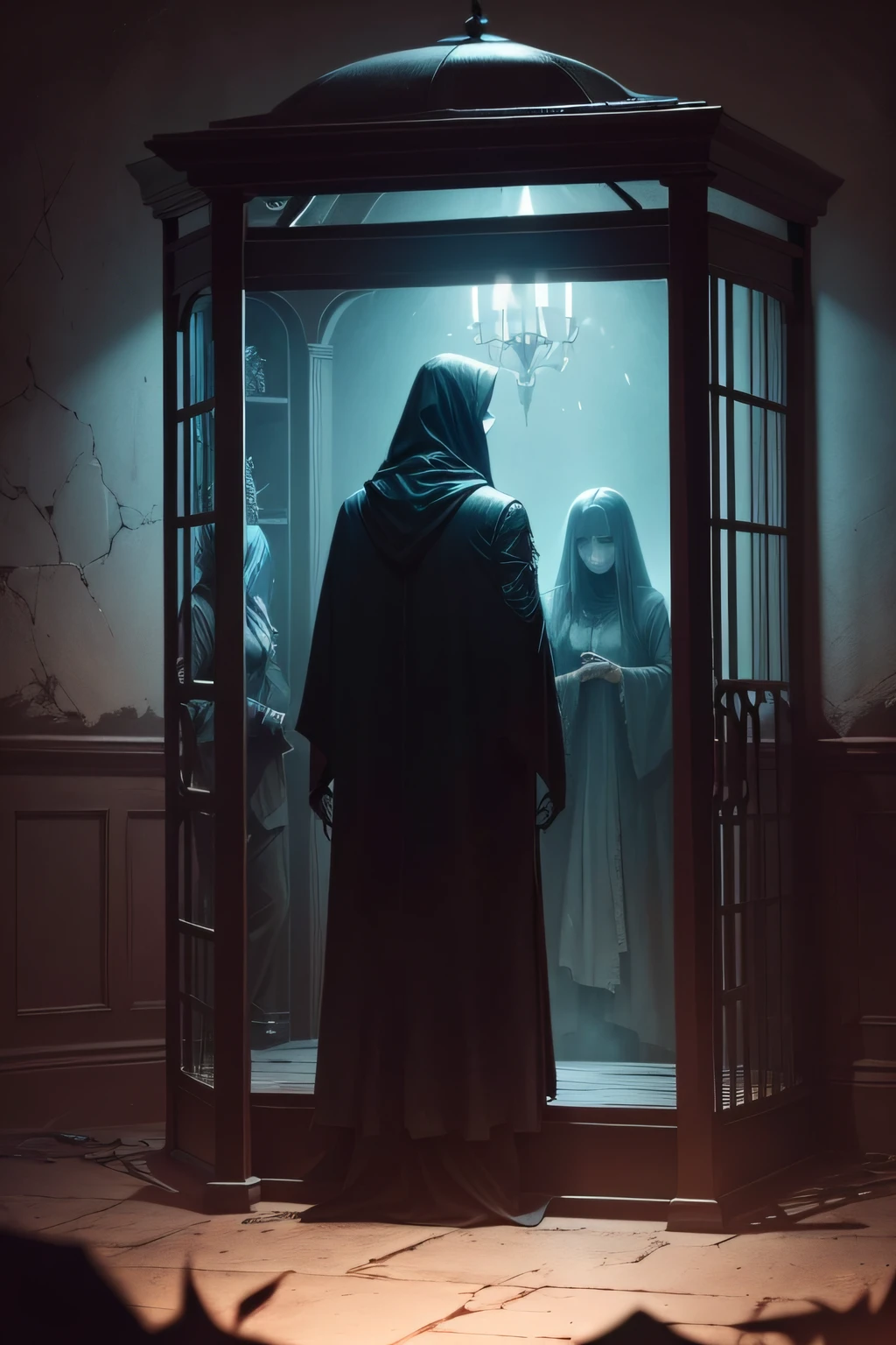 a dark and scary ghost-hunter, returns from hunting with two specters imprisoned in a special ghost cage
