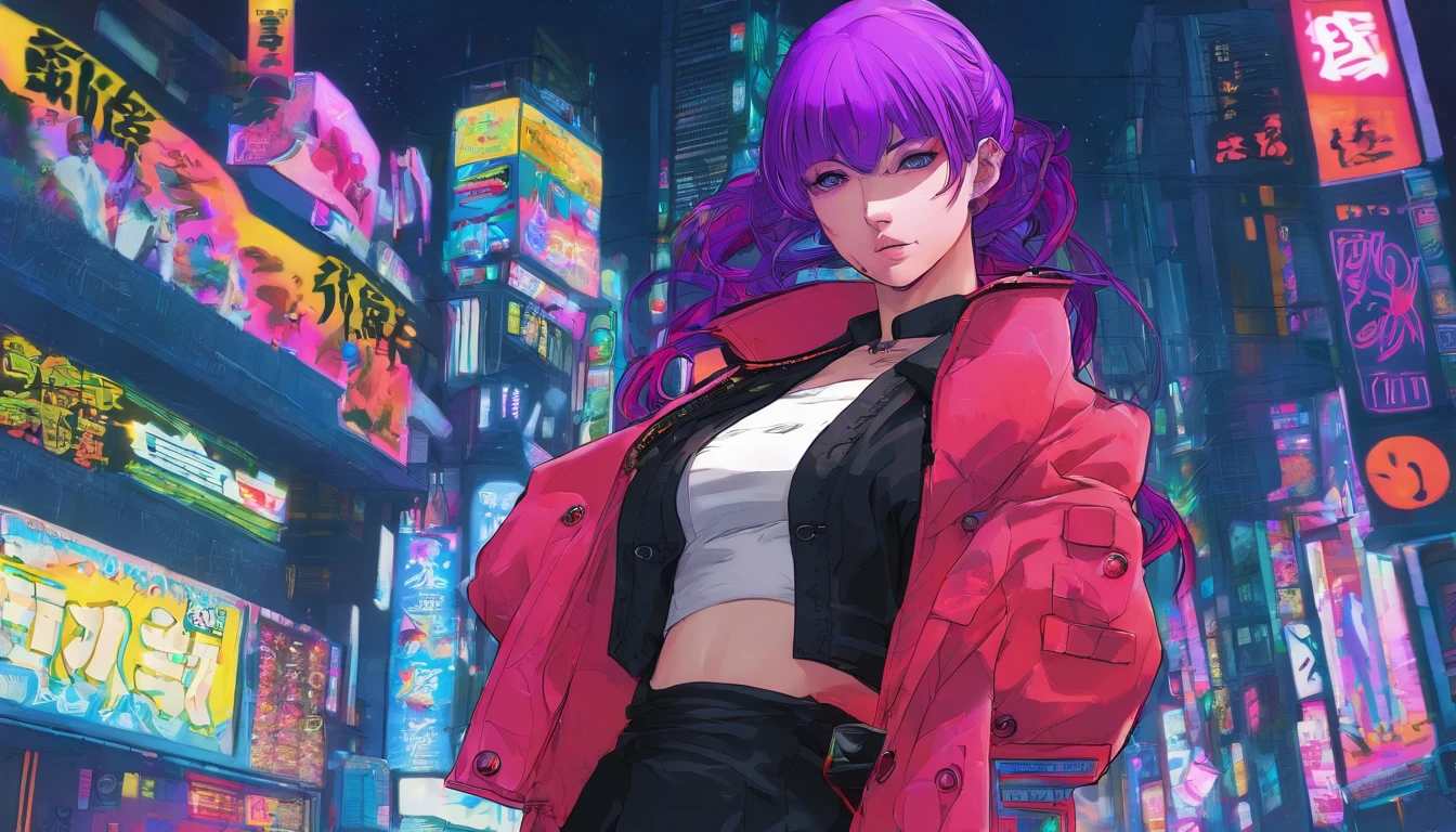 japanaese girl,pale skin,beatiful face(purple hair)red jacket,Tokyo at night, with Cyberpunk style,Japanese streetwear,Tokyo Fashion,In a Cyberpunk 2 jacket 0 7 7,Full-length,attractive pose,Bottom view,Araffe woman in black dress and black hat posing for photo, inspired by Otake Chikuha, Sui Ishida with black hair, based on Iwasa Matabey, Masami Kurumada Style, inspired by Yukihiko Yasuda, based on Sakai Hoitsu, Wearing Japanese technical clothing, wearing a black noble suit